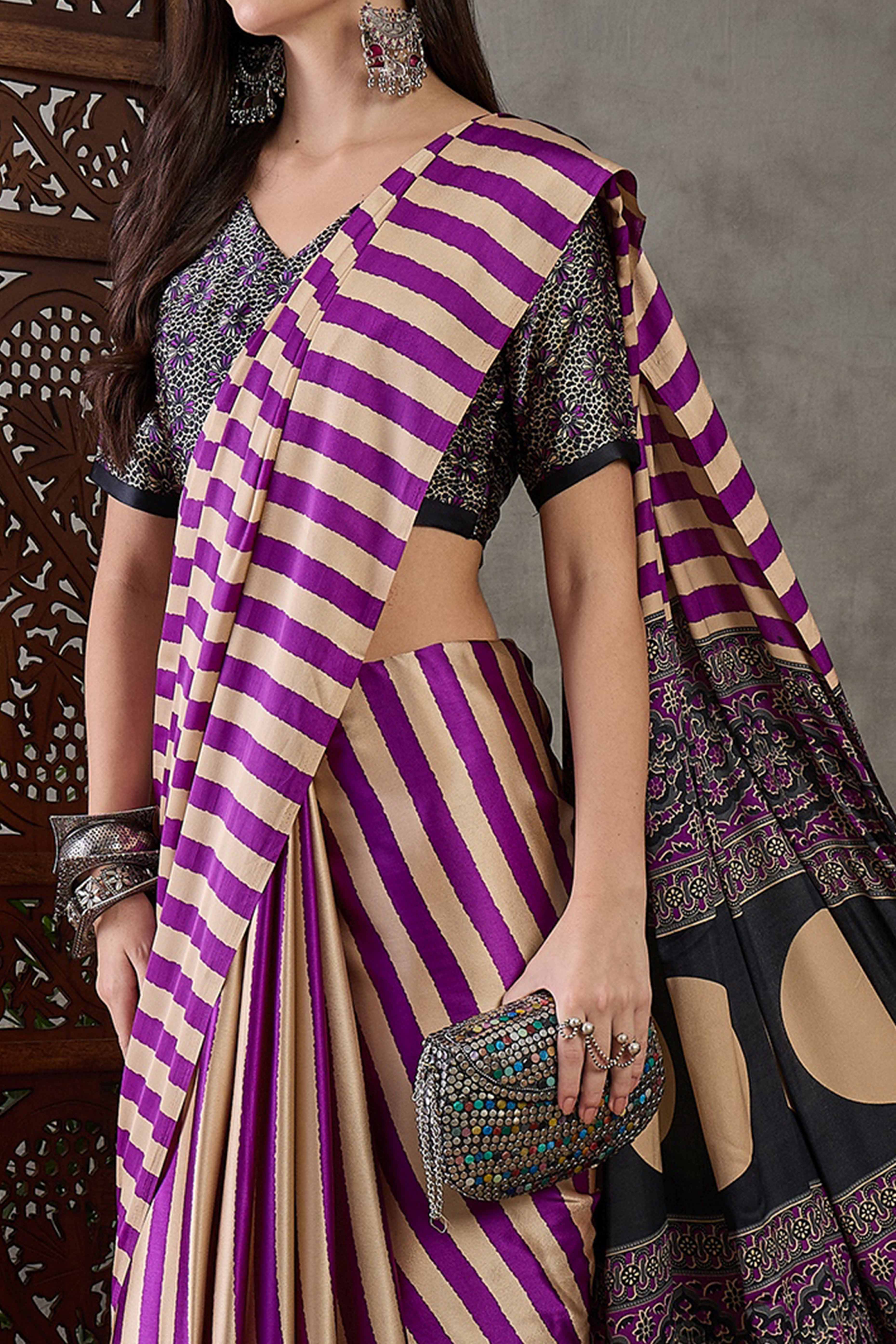Purple Modal Satin Saree with Subtle Stripe Design and Ajrakh Print on Pallu