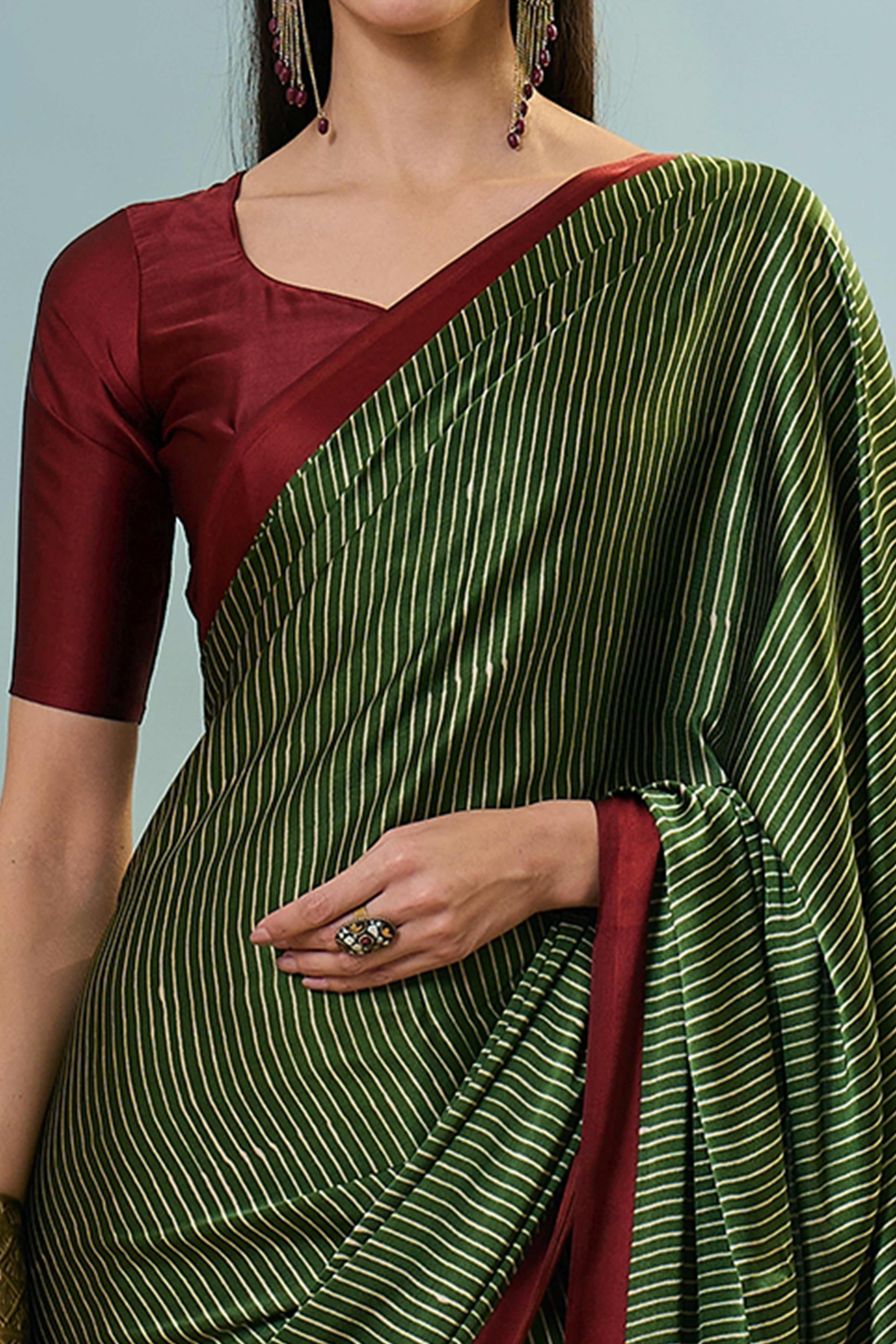 Green Ajrakh Print Satin Saree With Traditional Charm