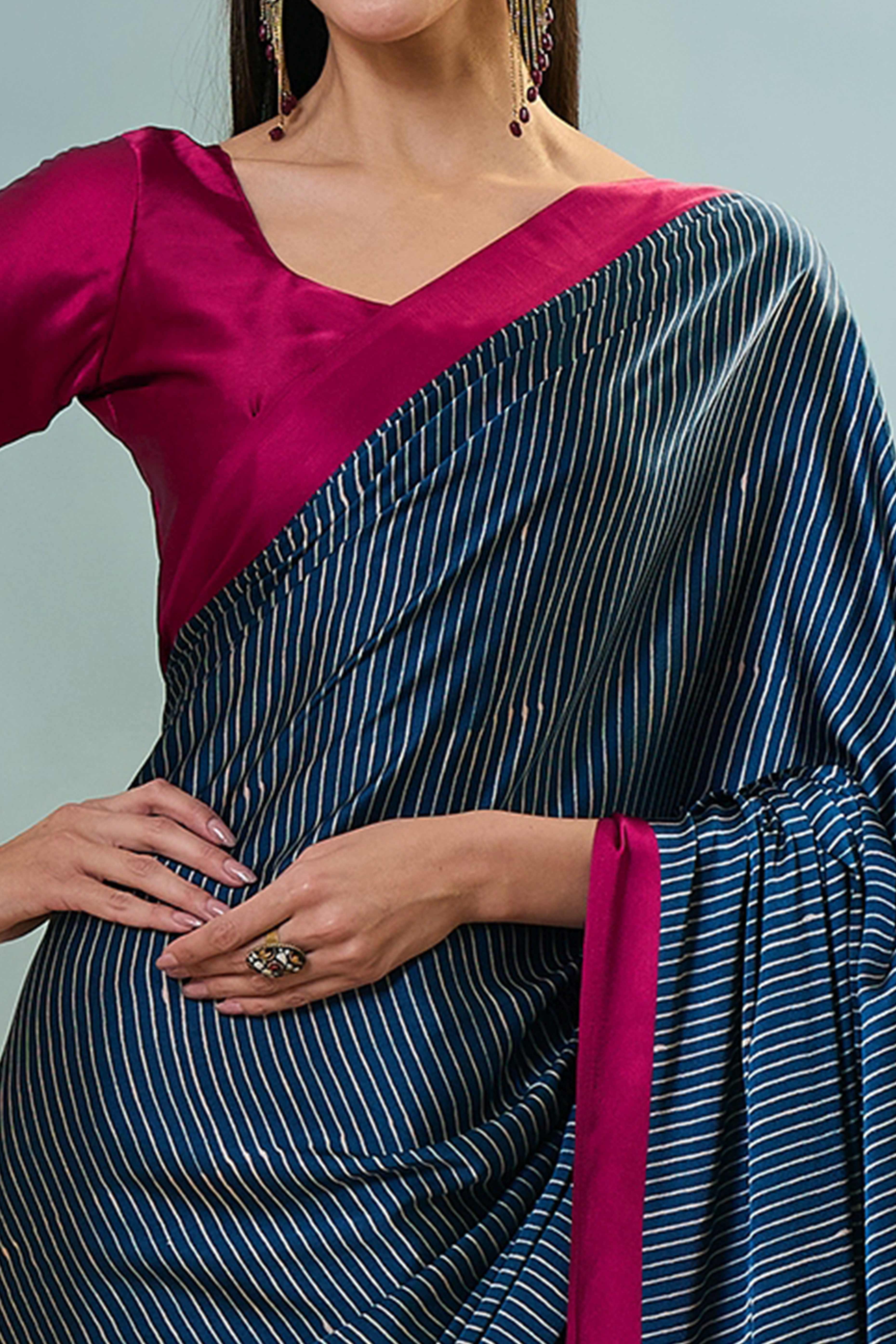 Blue Ajrakh Print Satin Saree With Traditional Charm