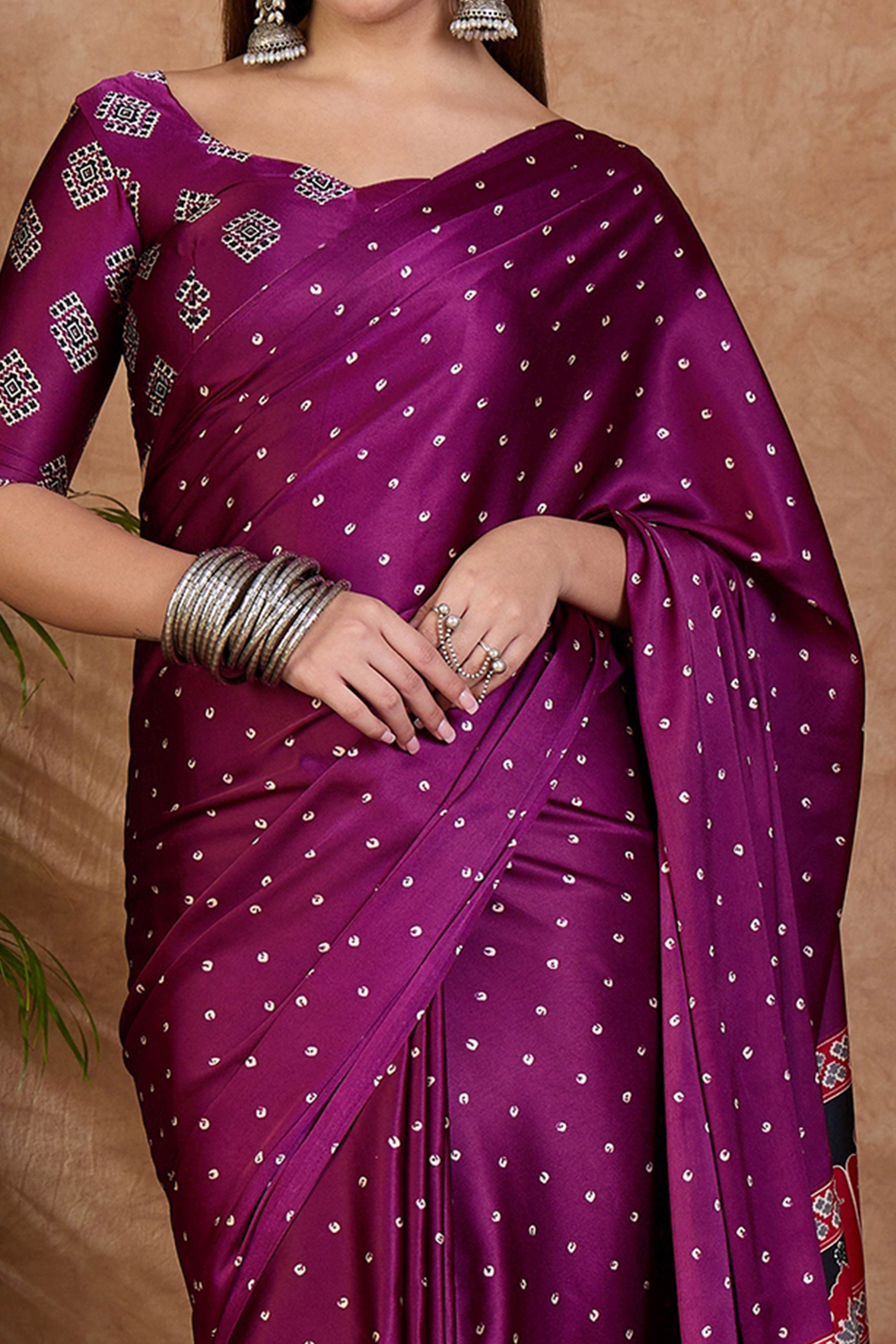 Wine Polka Dot Modal Satin Saree with Traditional Ajrakh Detailing on Pallu