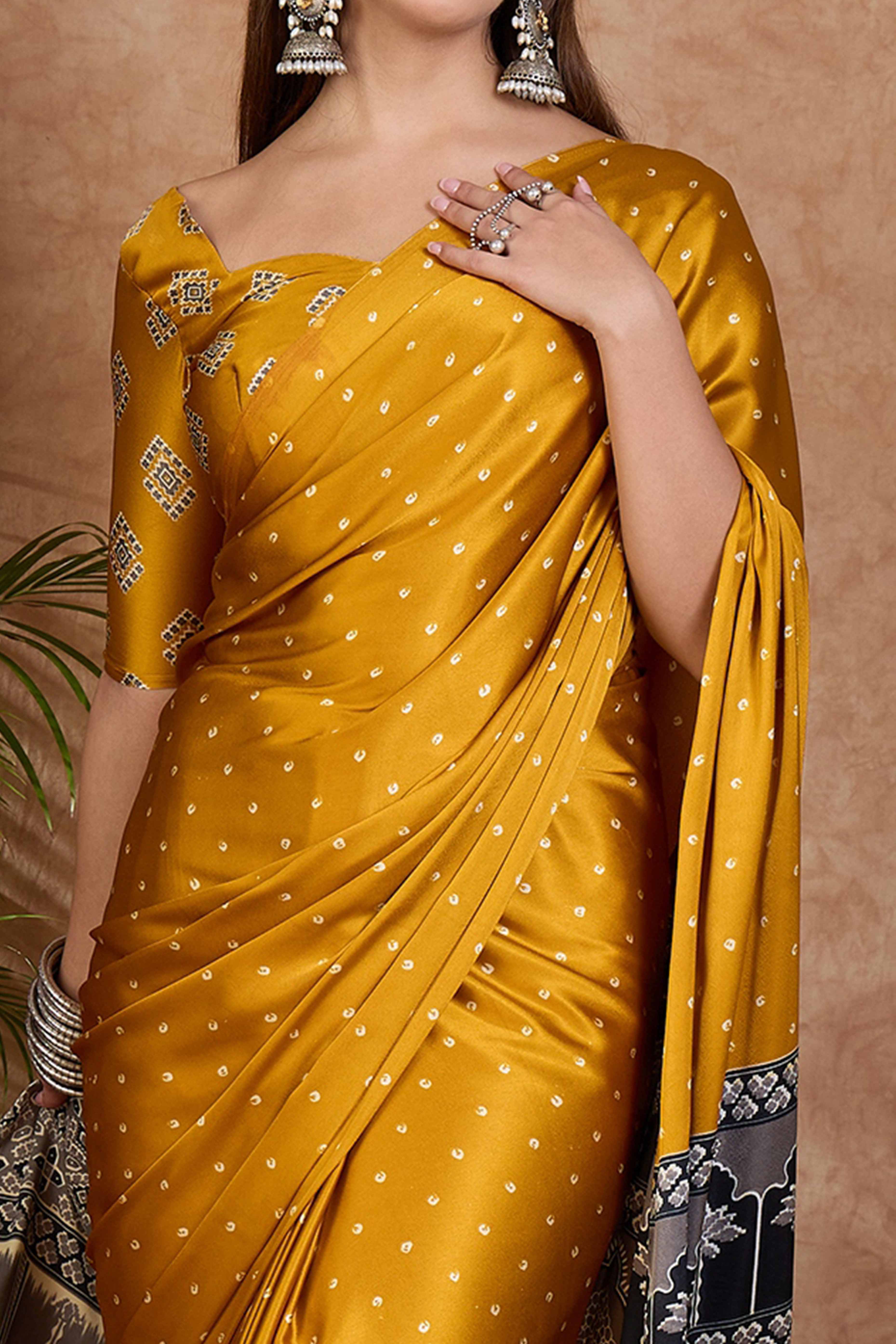 Mustard Polka Dot Modal Satin Saree with Traditional Ajrakh Detailing on Pallu