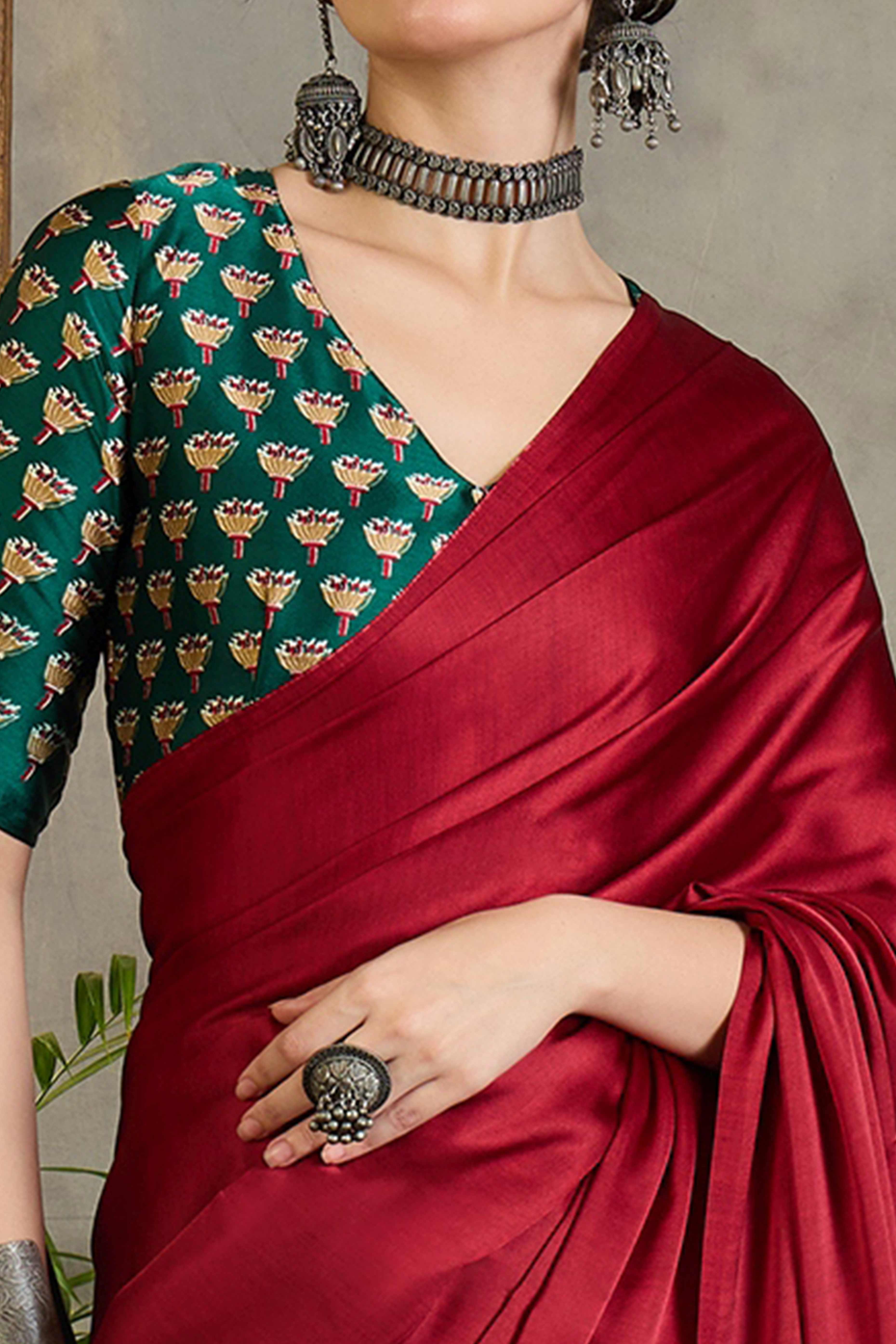 Green Solid Modal Satin Saree Highlighted with Classic Ajrakh Pallu Design