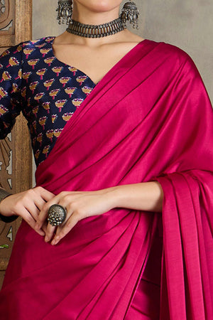 Blue Solid Modal Satin Saree Highlighted with Classic Ajrakh Pallu Design