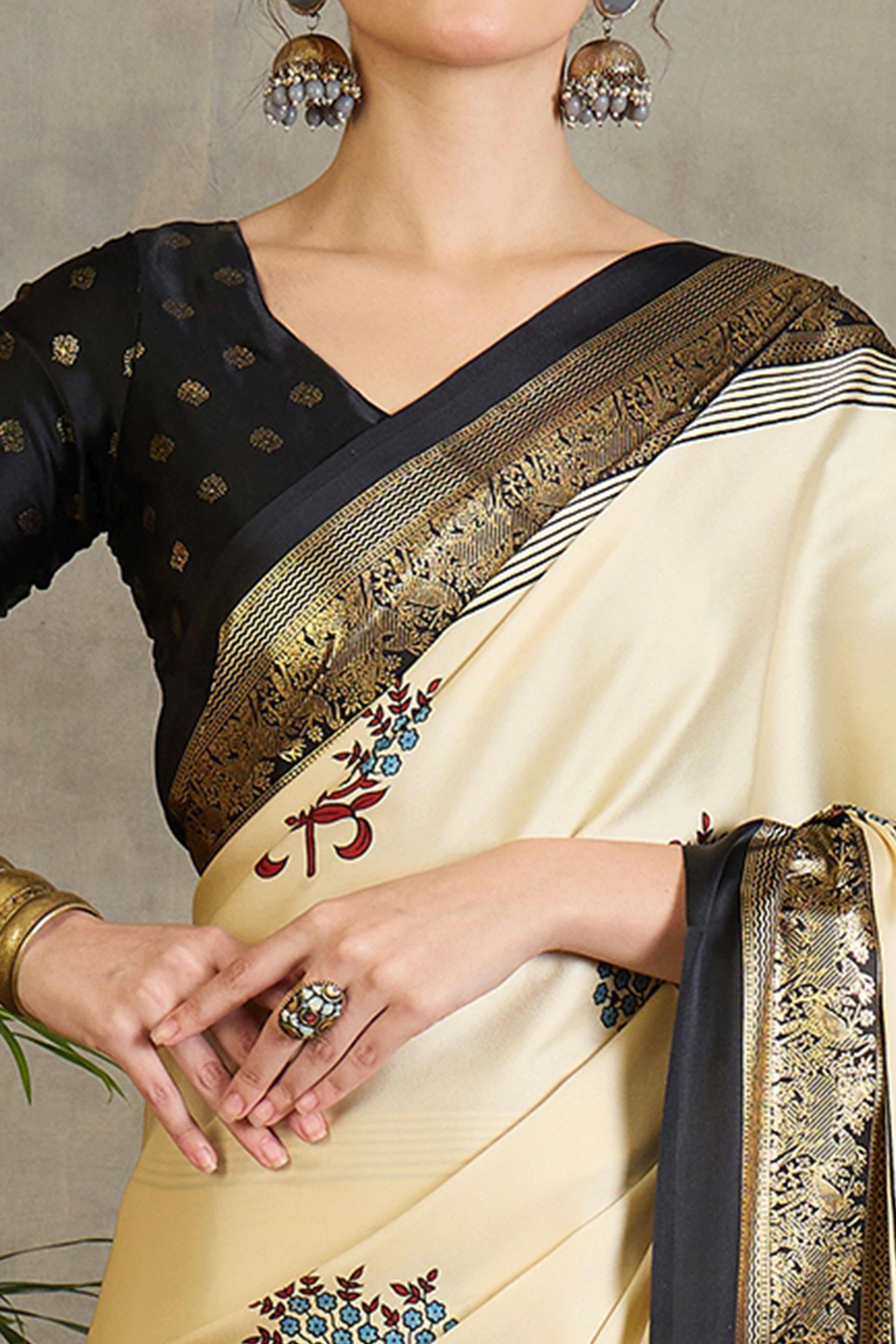 Cream Floral Printed Modal Satin Saree with Traditional Zari Detailing