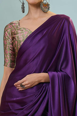 Purple Solid Modal Satin Saree Highlighted With Classic Ajrakh Pallu Design