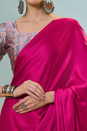 Pink Solid Modal Satin Saree Highlighted With Classic Ajrakh Pallu Design