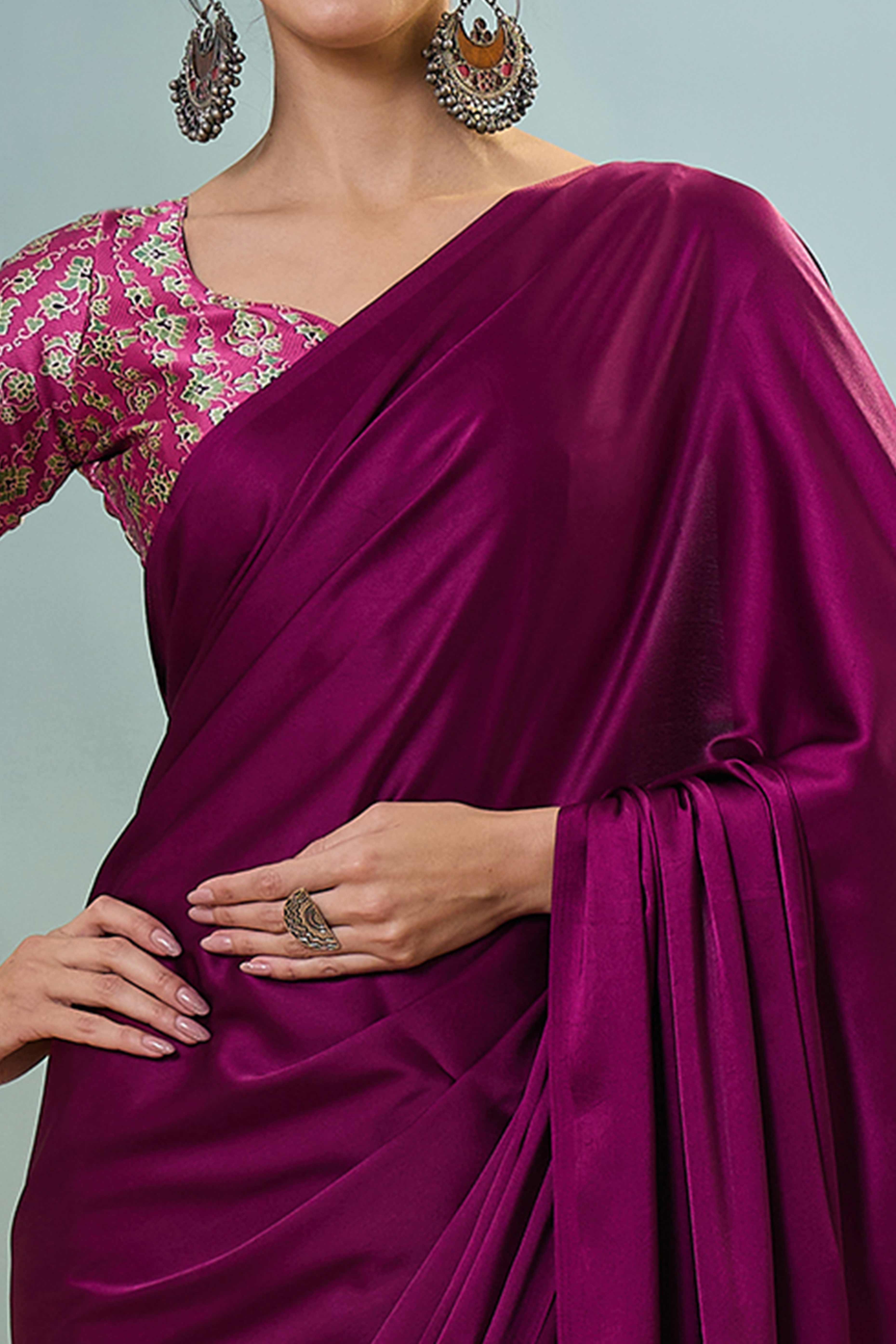 Magenta Solid Modal Satin Saree Highlighted With Classic Ajrakh Pallu Design