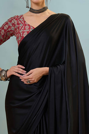 Black Solid Modal Satin Saree Highlighted With Classic Ajrakh Pallu Design