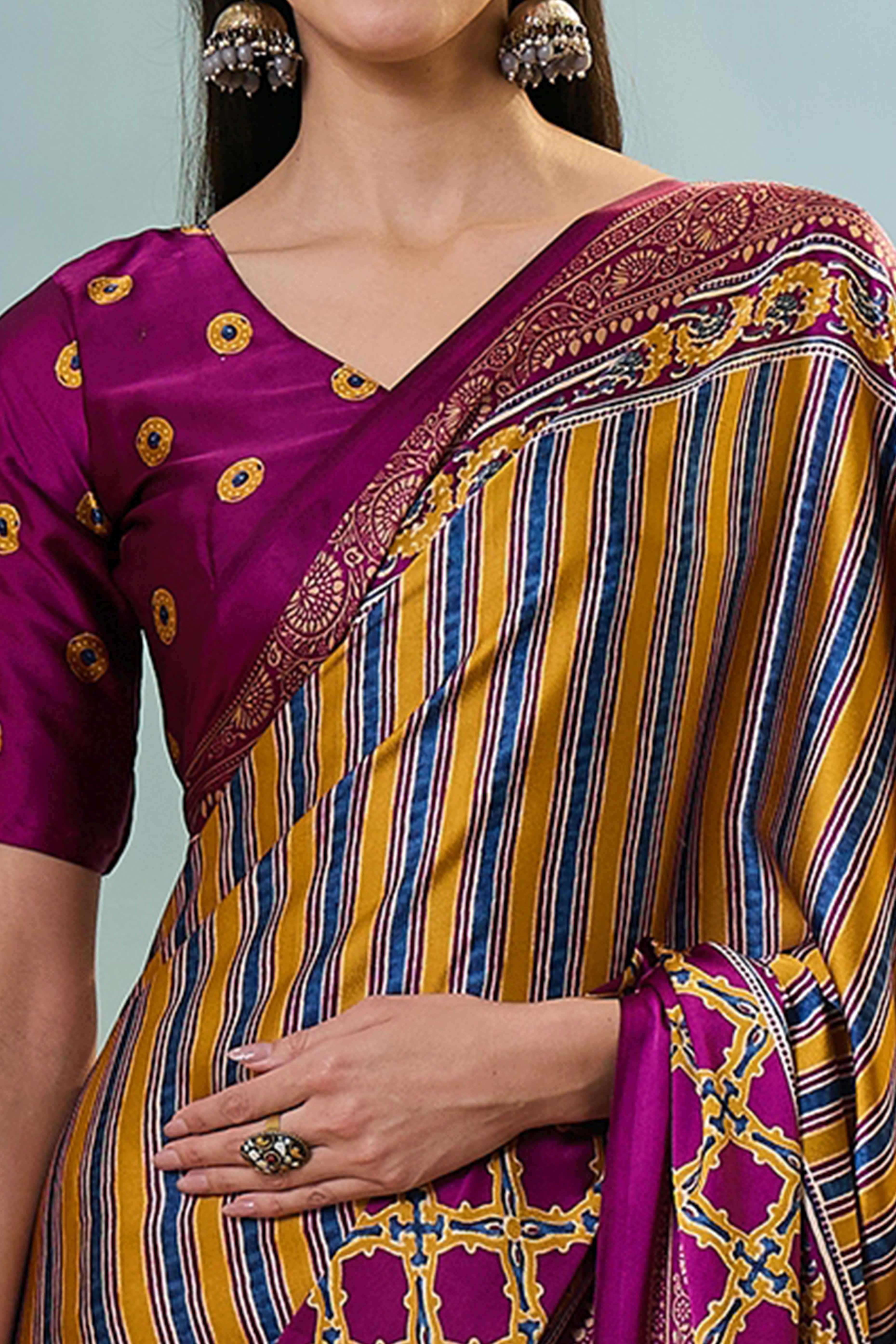 Modern Magenta Striped Printed Modal Satin Saree with Luxurious Flow and Shine