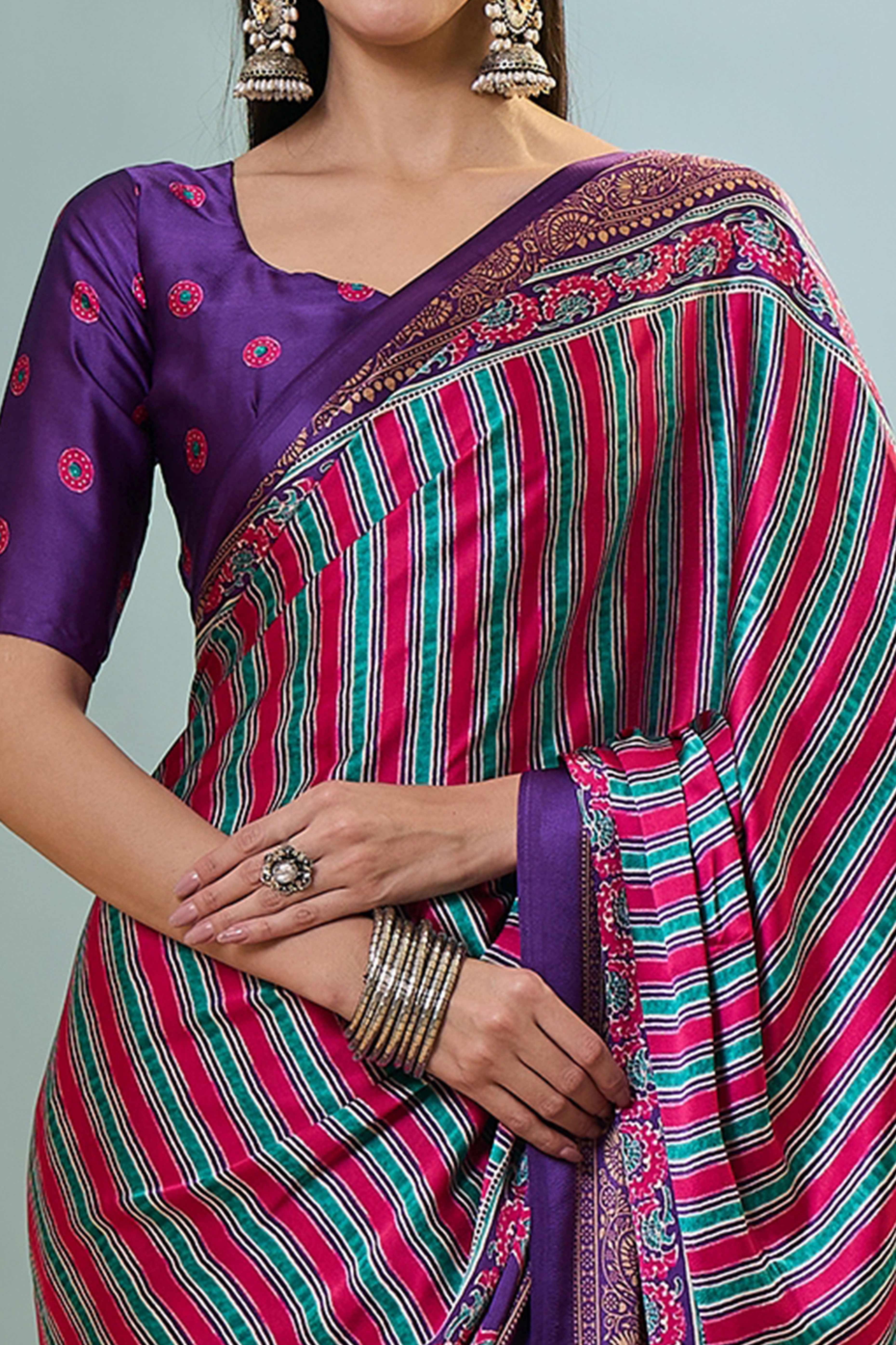 Modern Purple Striped Printed Modal Satin Saree with Luxurious Flow and Shine