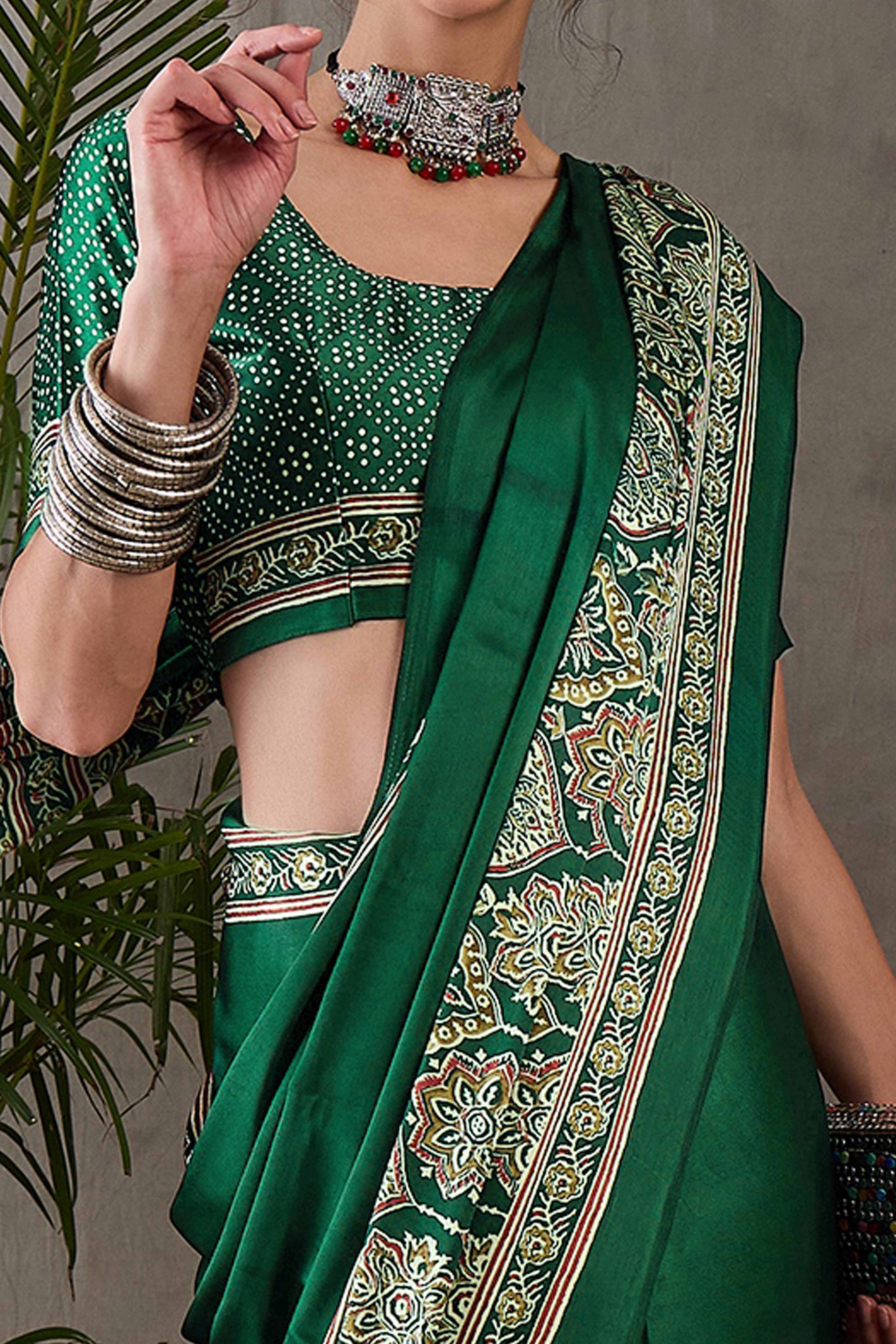 Green Ajrakh Printed Modal Satin Saree with Rich Party Wear Look