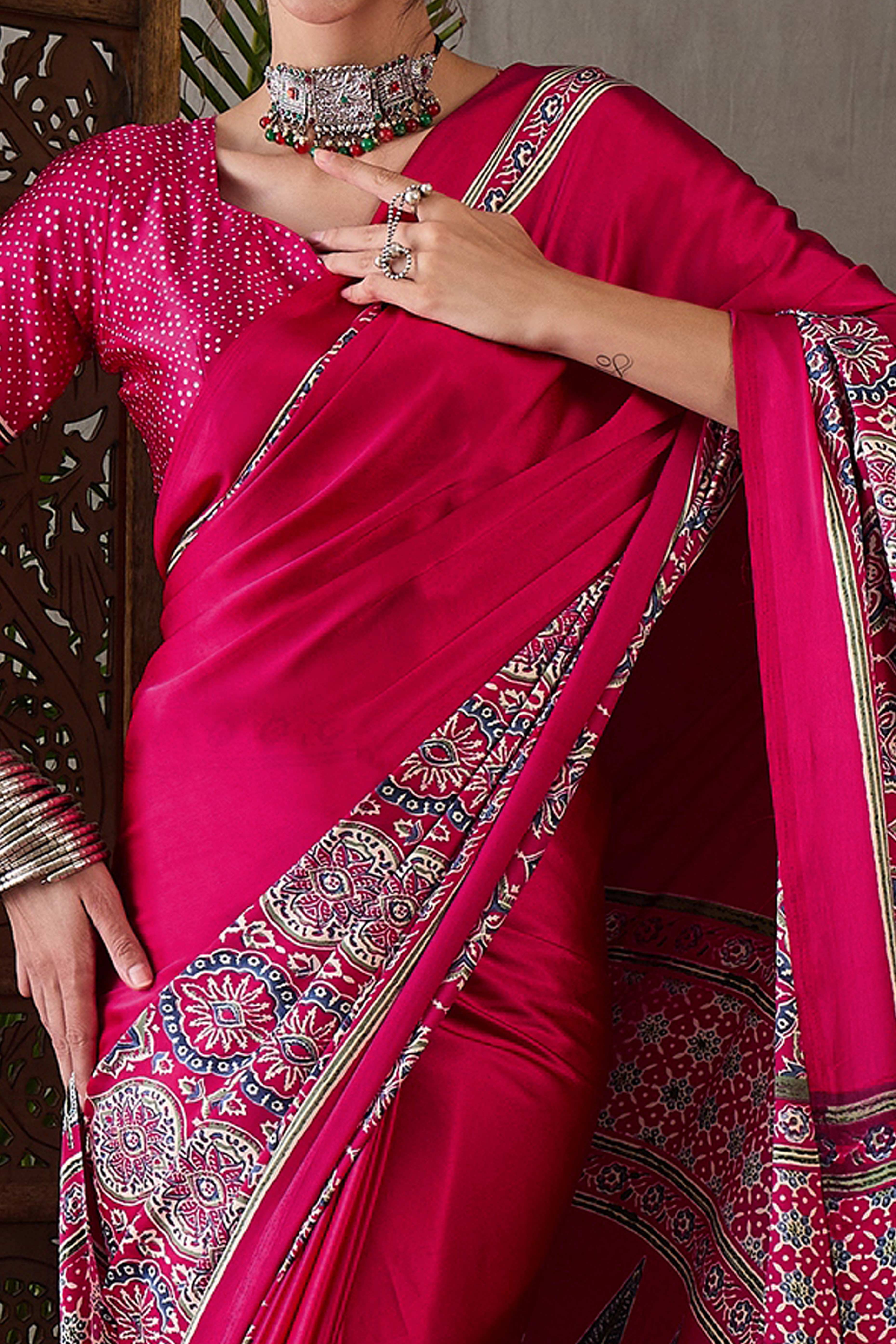 Pink Ajrakh Printed Modal Satin Saree with Rich Party Wear Look