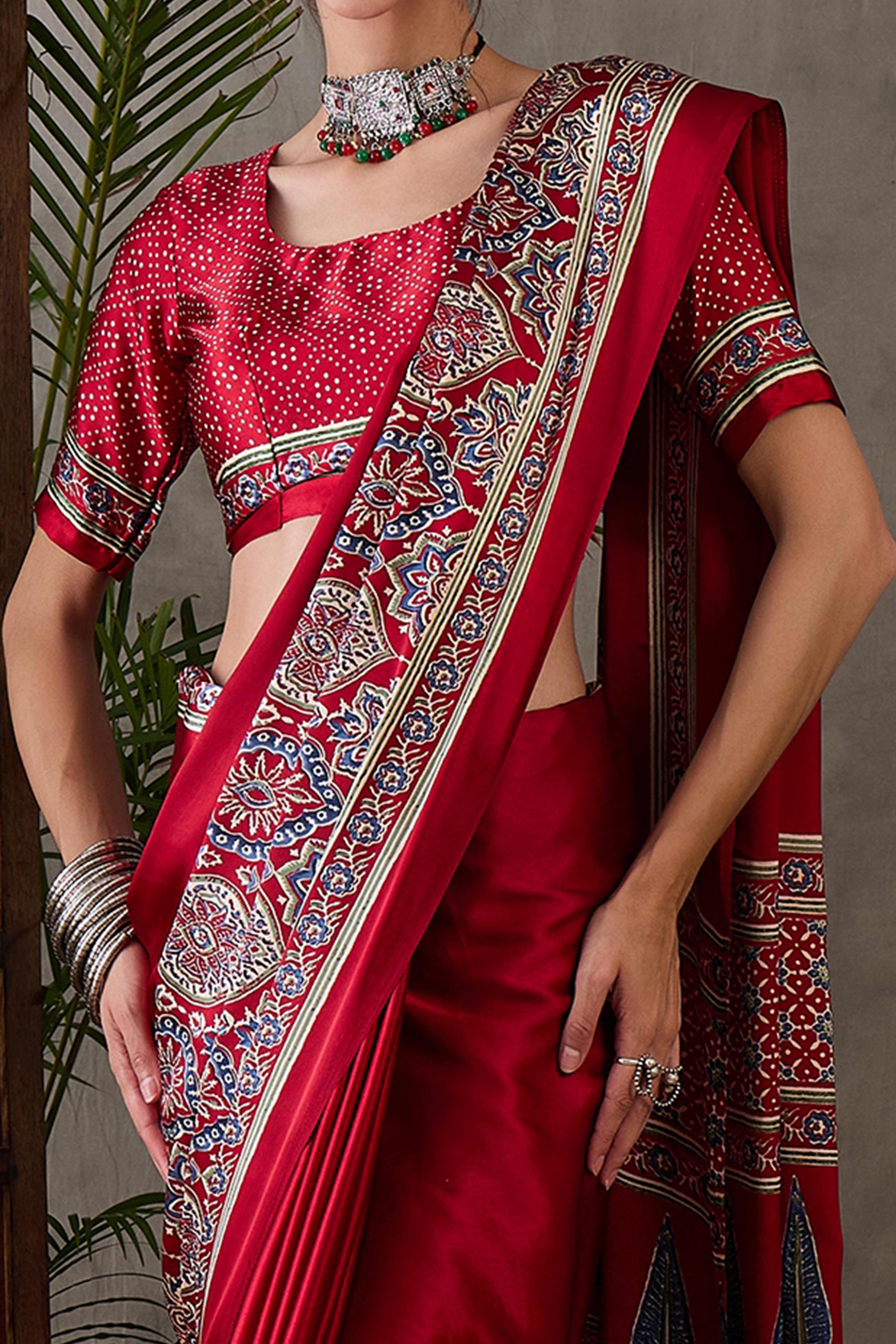 Red Ajrakh Printed Modal Satin Saree with Rich Party Wear Look