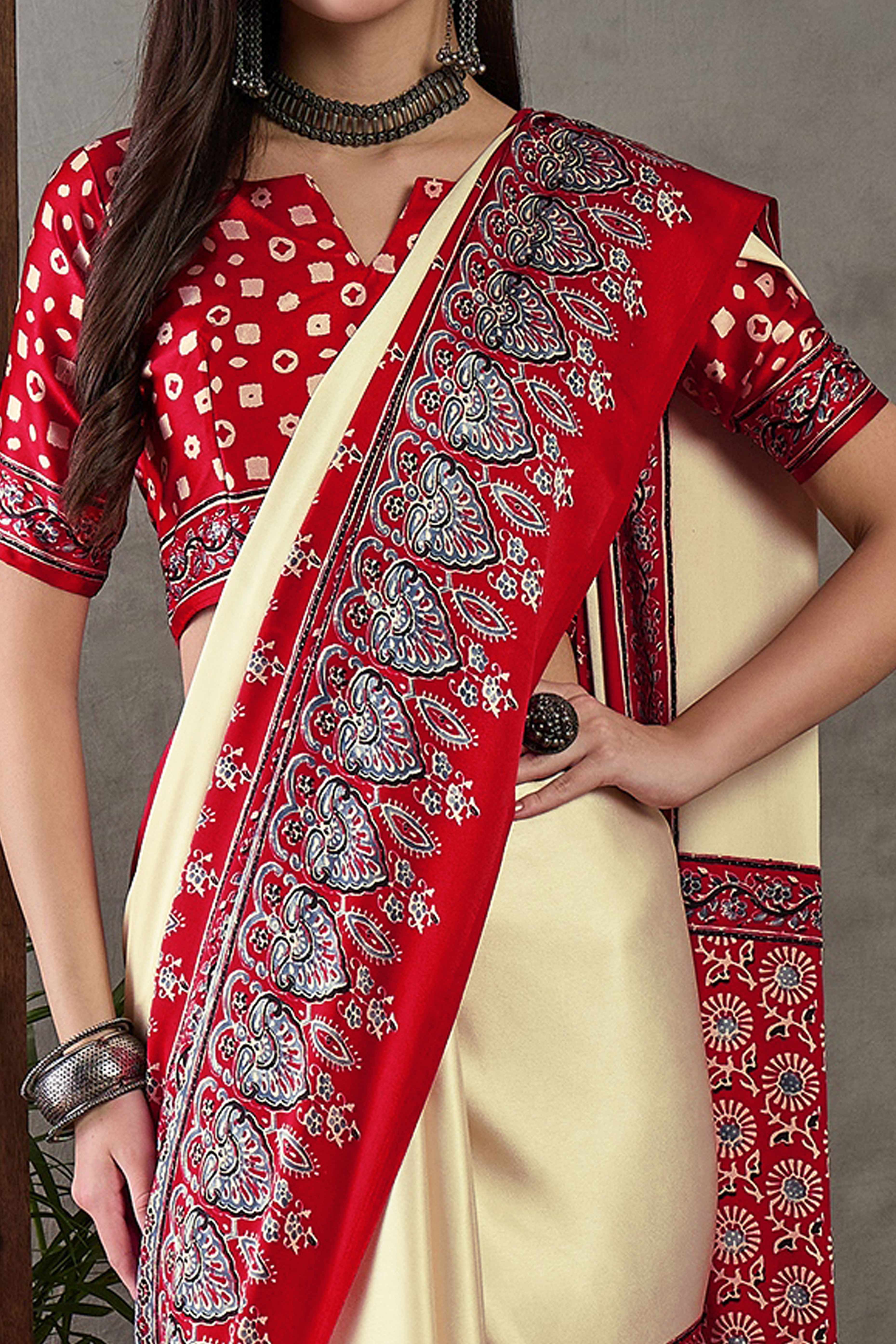 Cream & Red Ajrakh Printed Modal Satin Saree with Elegant Party Wear Appeal