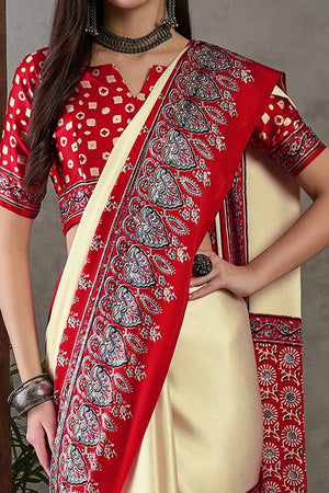 Cream & Red Ajrakh Printed Modal Satin Saree with Elegant Party Wear Appeal