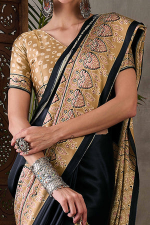 Black & Chikoo Ajrakh Printed Modal Satin Saree with Elegant Party Wear Appeal