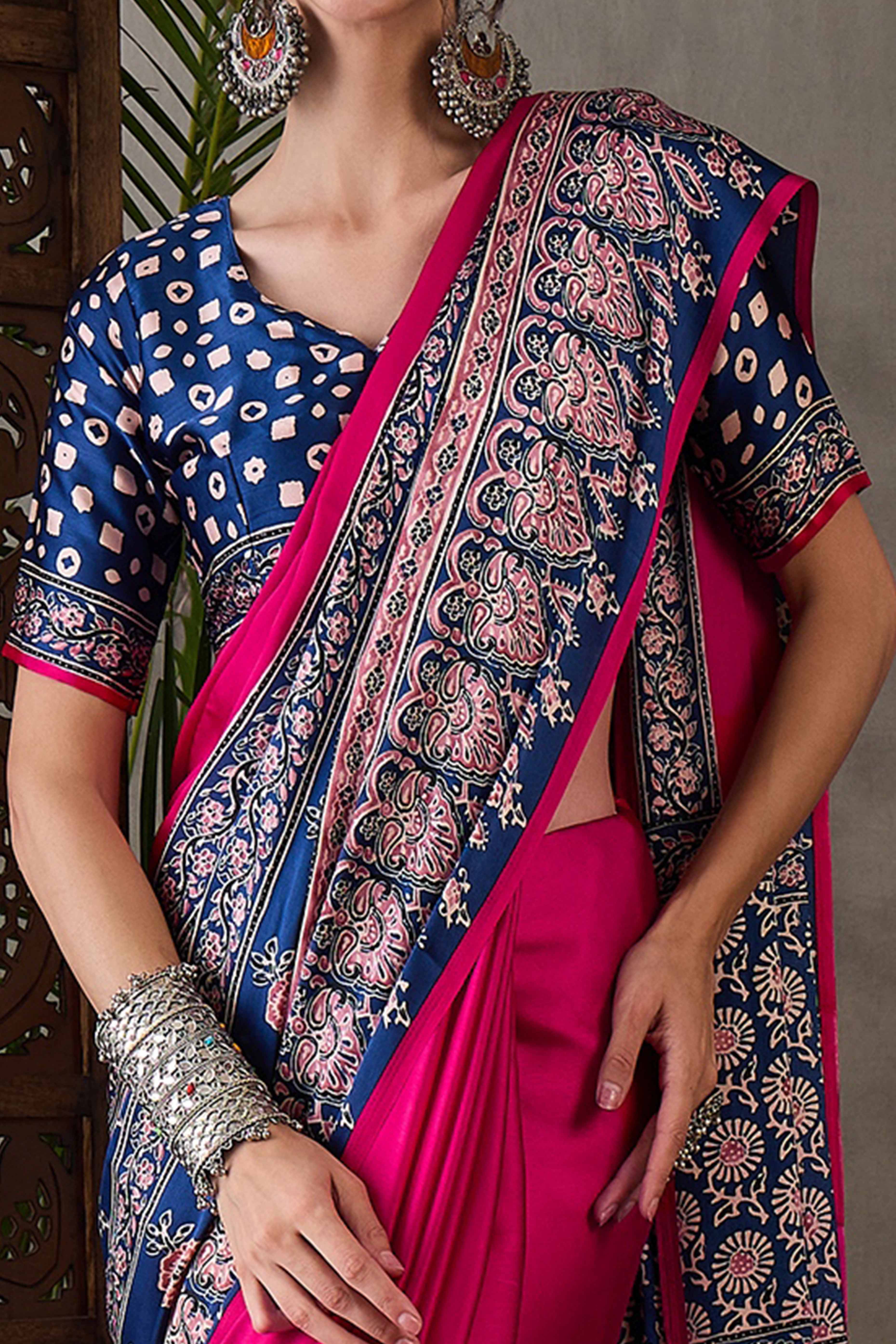 Pink & Blue Ajrakh Printed Modal Satin Saree with Elegant Party Wear Appeal