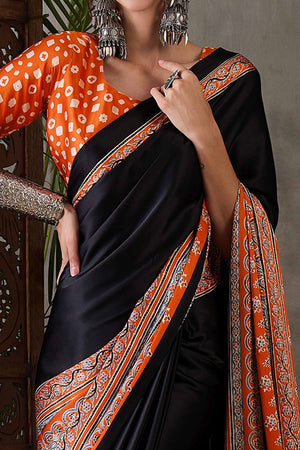 Black & Rust Ajrakh Printed Modal Satin Saree with Elegant Party Wear Appeal