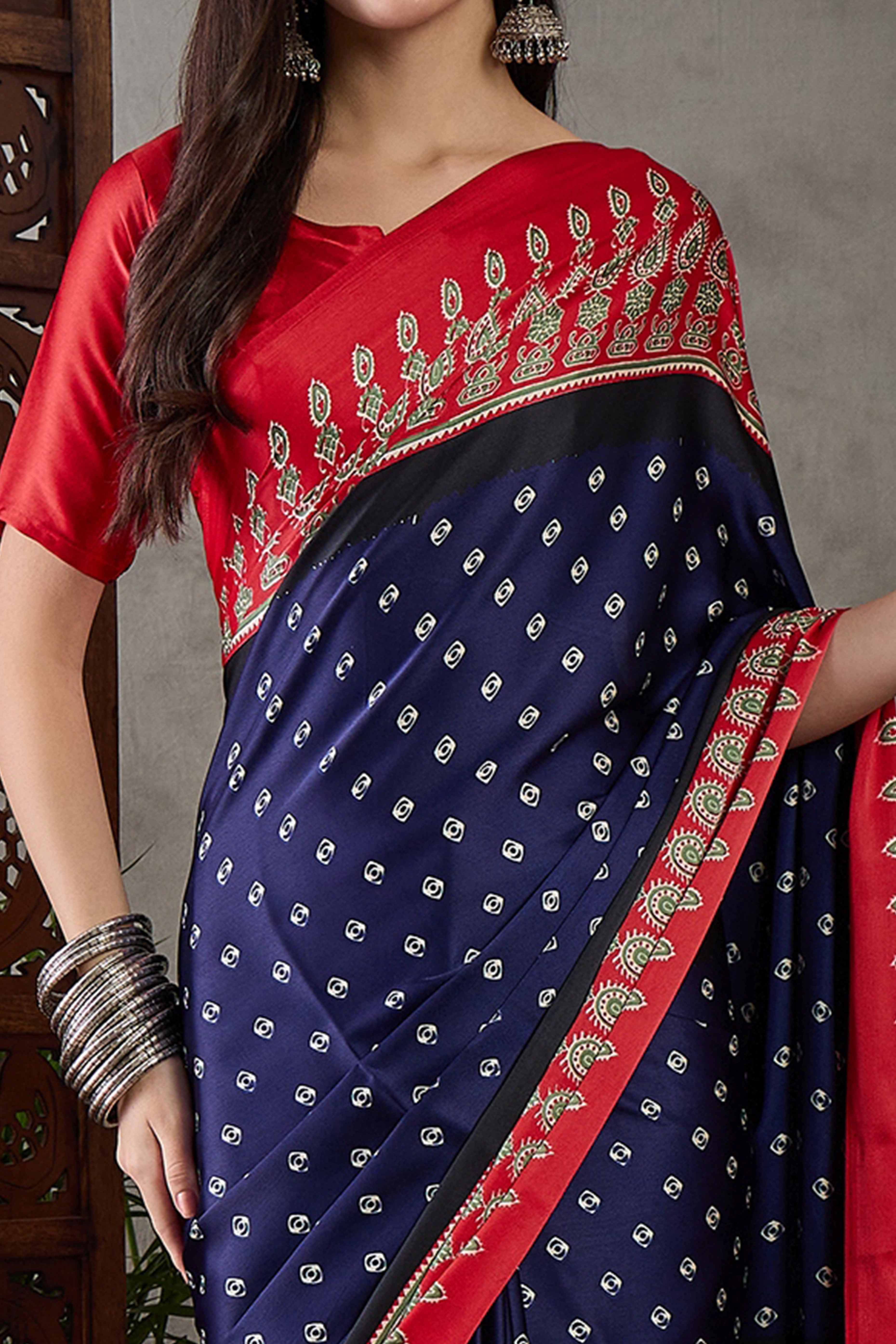 Blue Ajrakh Printed Modal Satin Saree with Traditional Ajrakh Charm