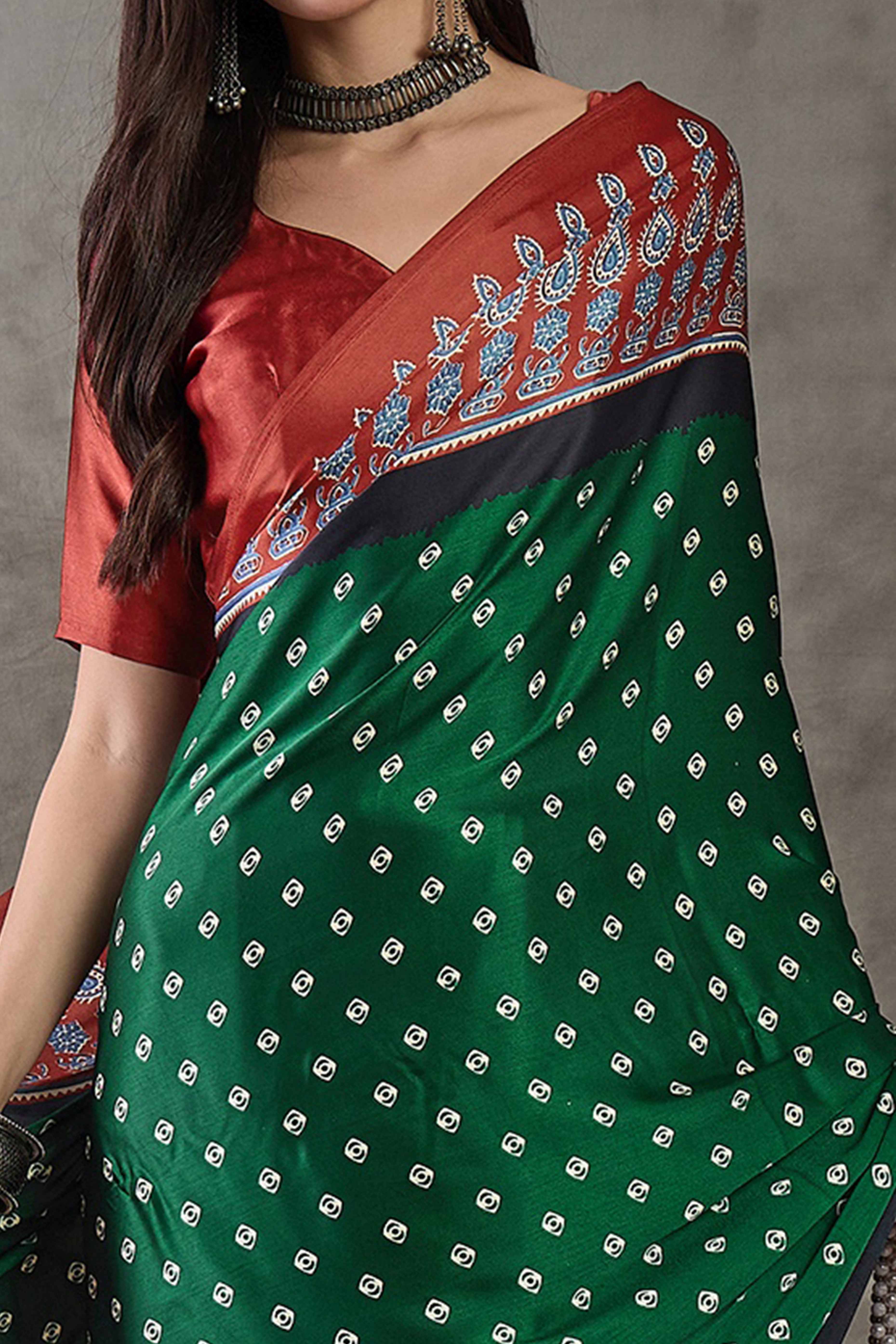 Green Ajrakh Printed Modal Satin Saree with Traditional Ajrakh Charm