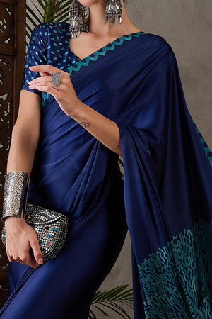 Blue Free Style Printed Modal Satin Party Wear Saree with a Smooth Satin Drape