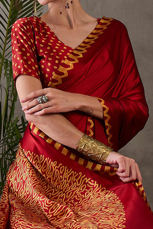 Red Free Style Printed Modal Satin Party Wear Saree with a Smooth Satin Drape