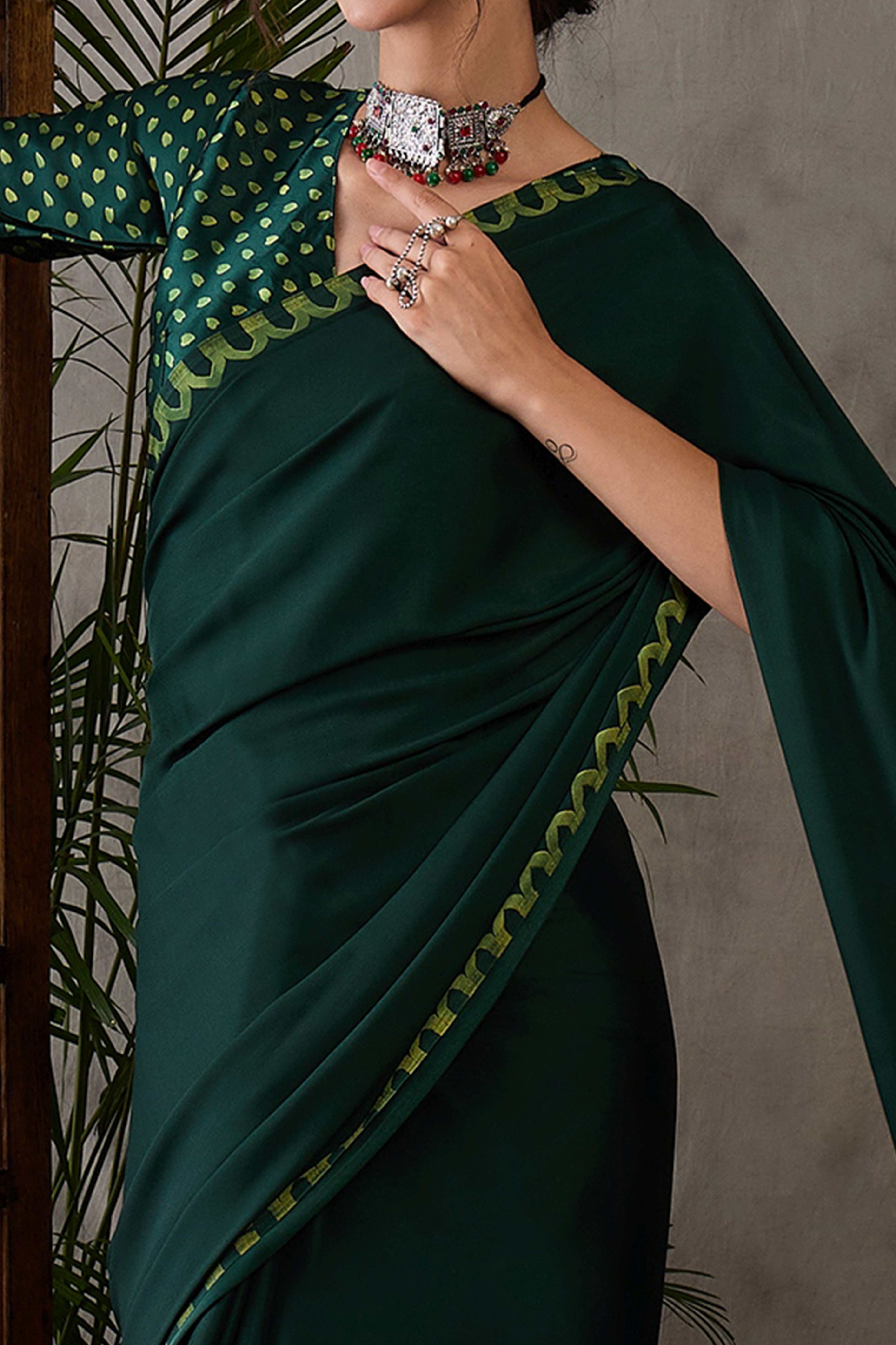 Green Free Style Printed Modal Satin Party Wear Saree with a Smooth Satin Drape