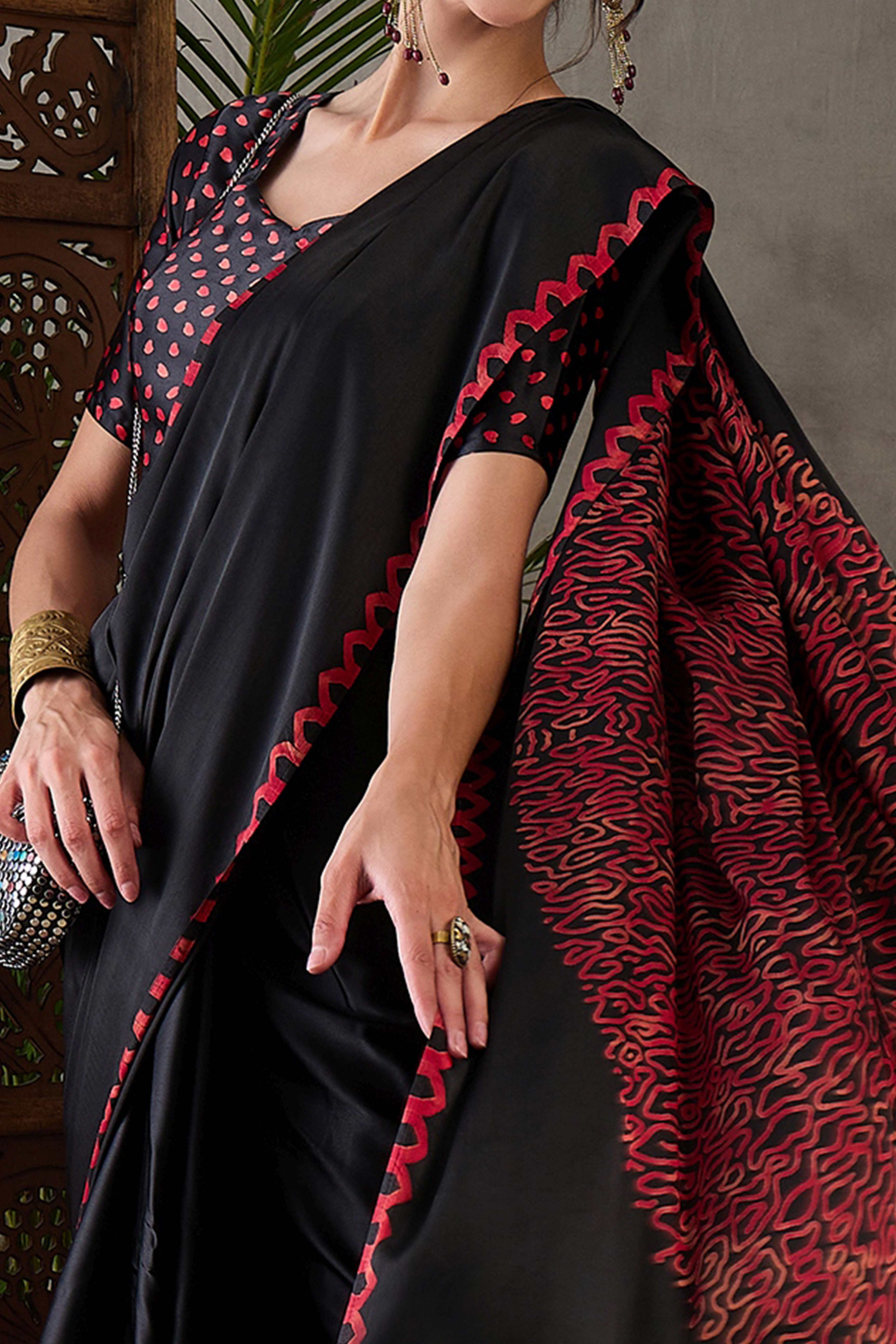 Black Free Style Printed Modal Satin Party Wear Saree with a Smooth Satin Drape