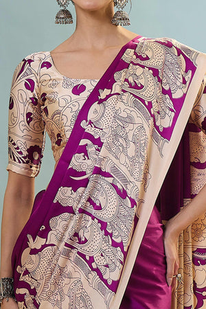Purple Kalamkari Style Modal Satin Saree Featuring Intricate Artistic Prints