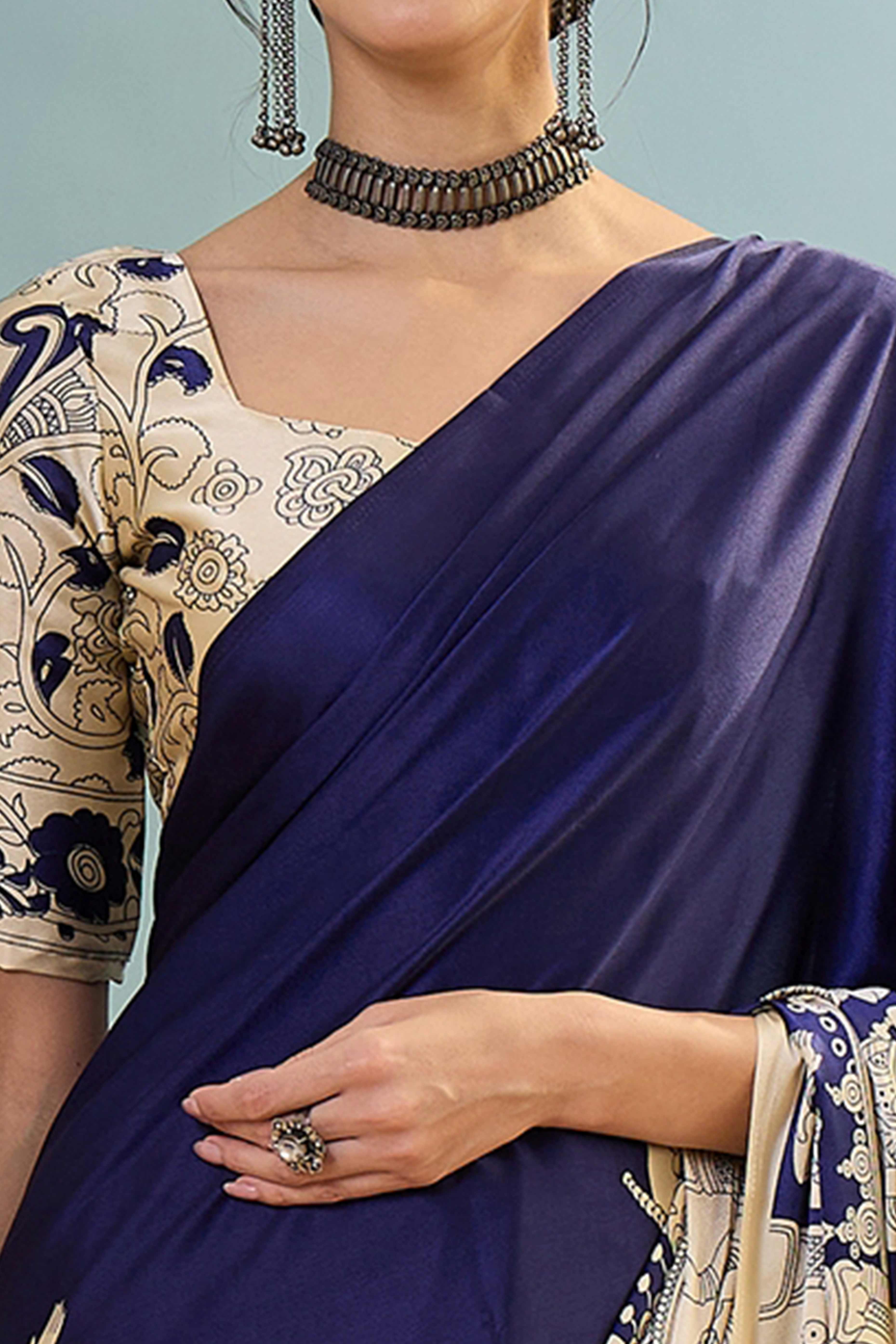 Blue Kalamkari Style Modal Satin Saree Featuring Intricate Artistic Prints