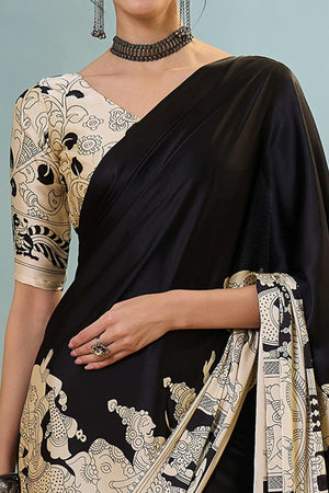 Black & Cream Kalamkari Style Modal Satin Saree Featuring Intricate Artistic Prints