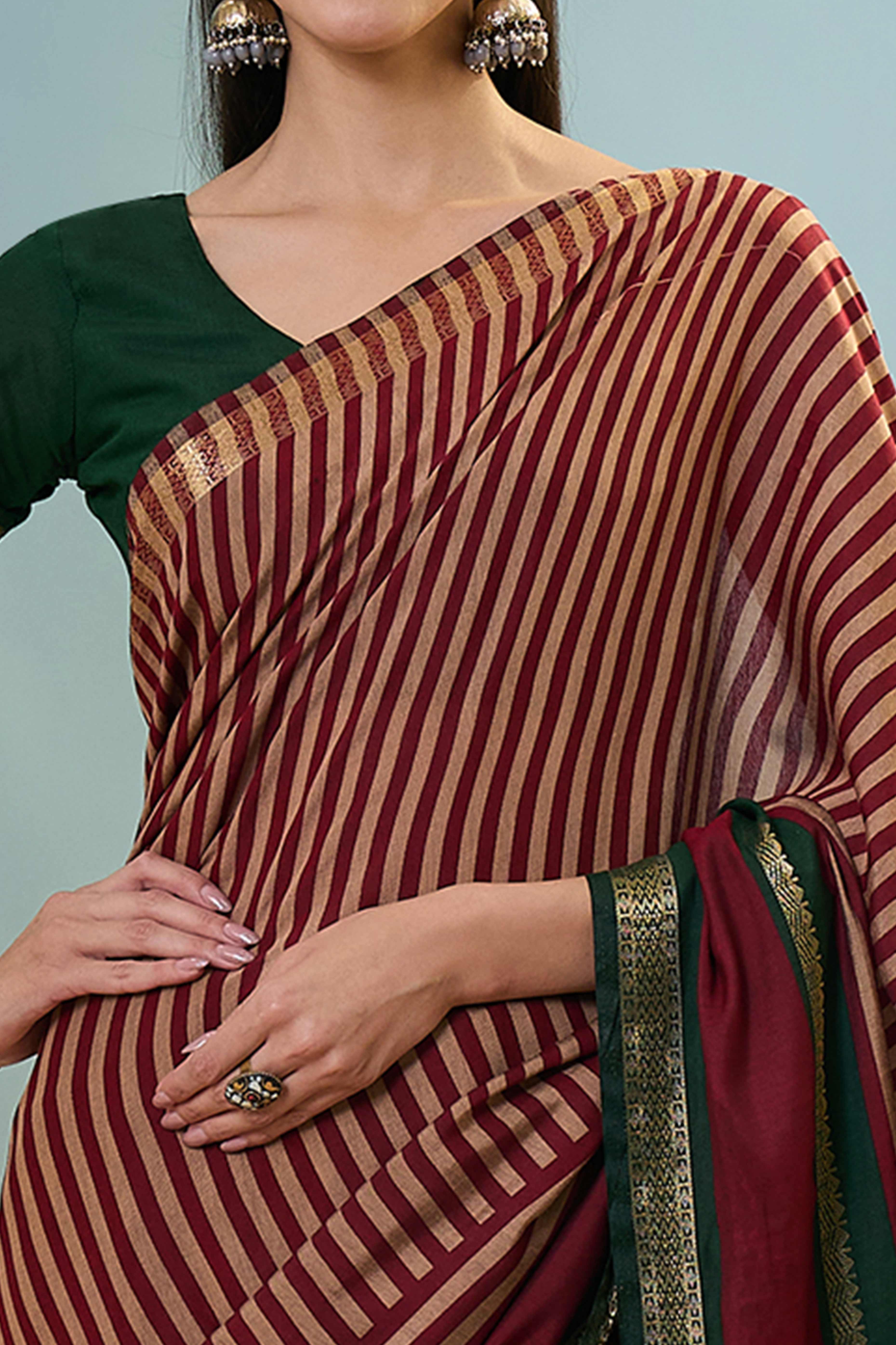 Maroon Striped Printed Viscose Saree with a Subtle Zari Finish
