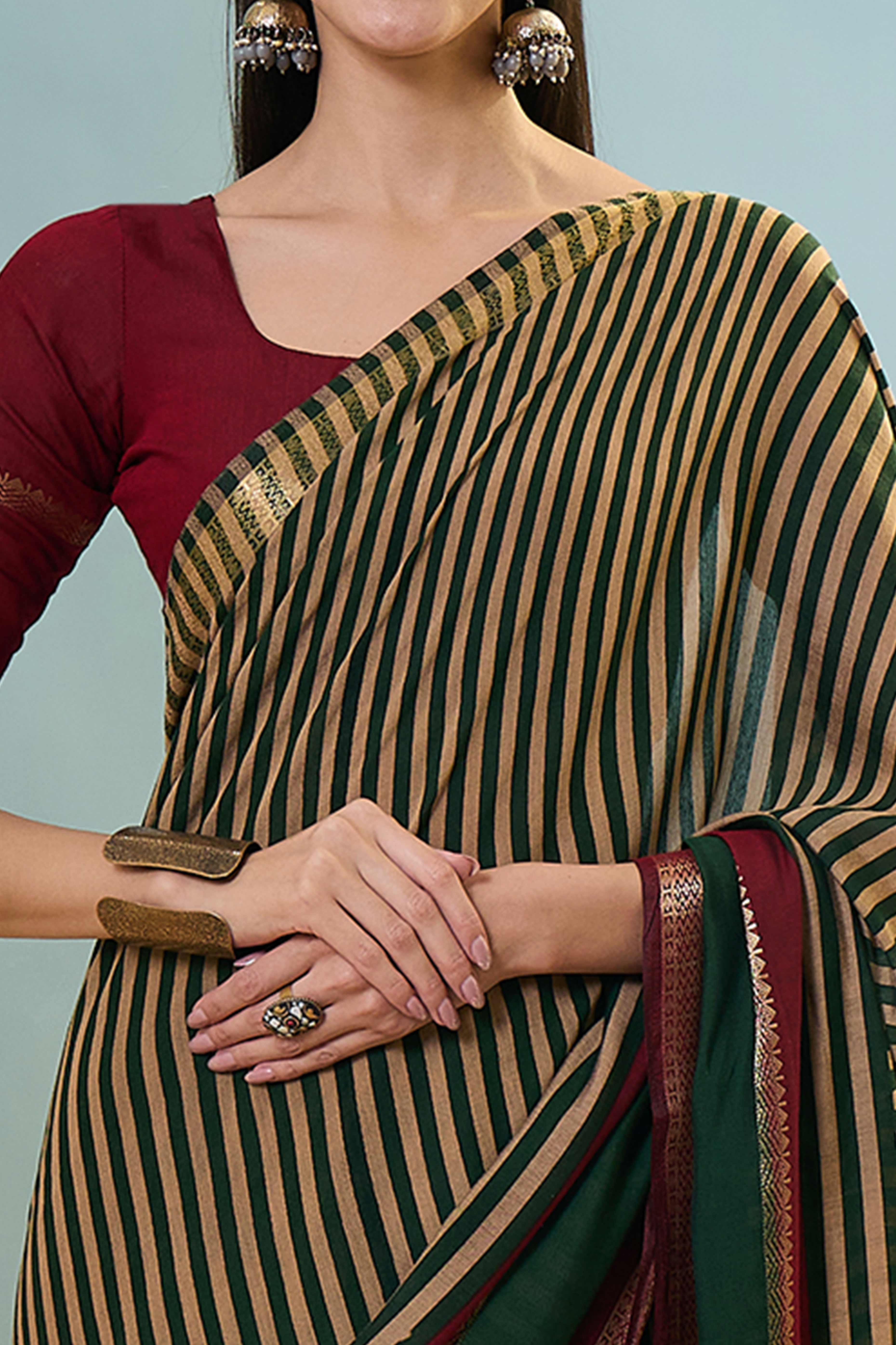 Green Striped Printed Viscose Saree with a Subtle Zari Finish