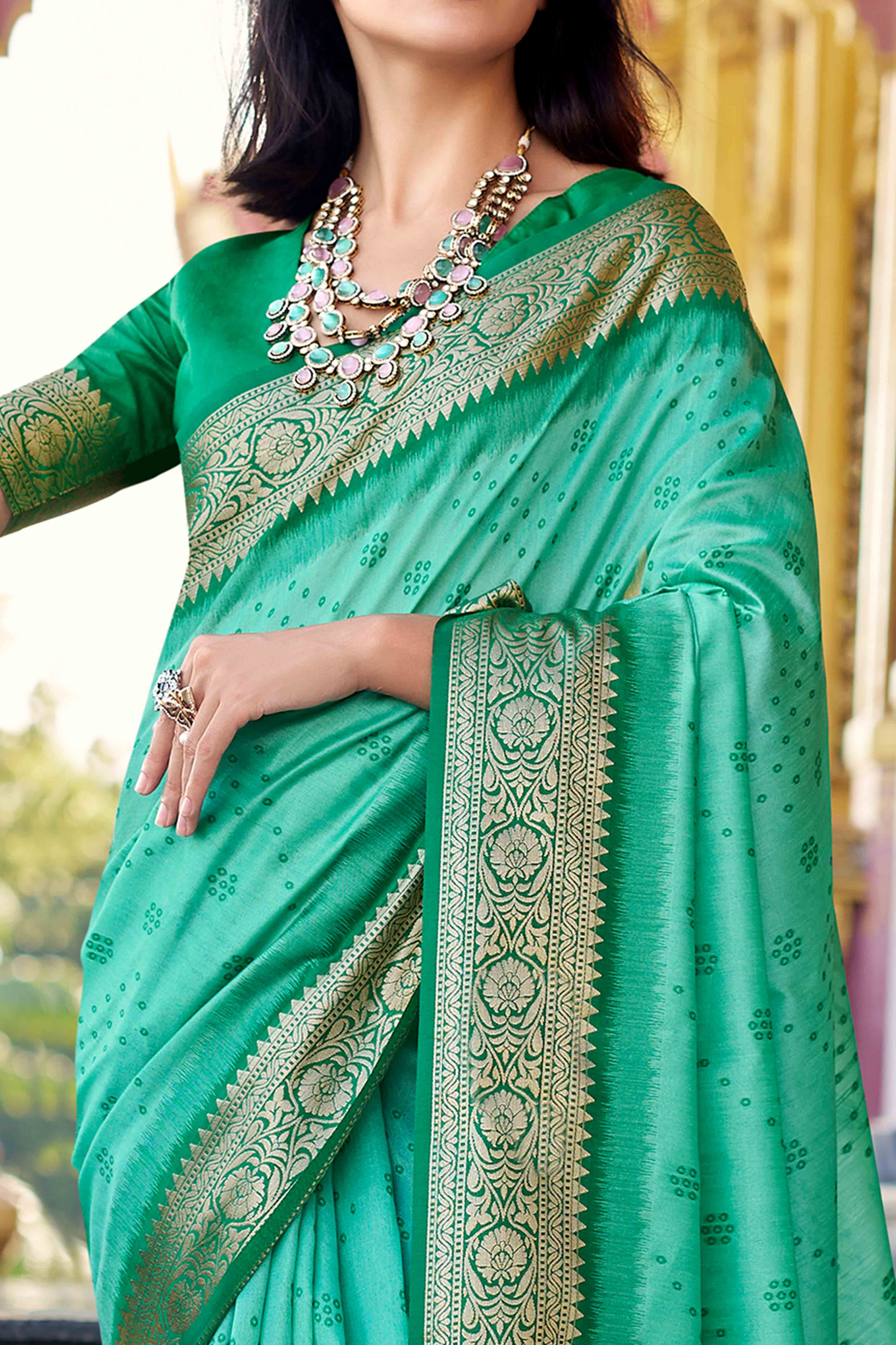 Silk Blend Woven Bandhani Saree In Sea Green With Contrasting Patola Pallu
