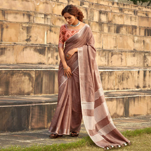 Brown Striped Printed Linen Saree With Tassels