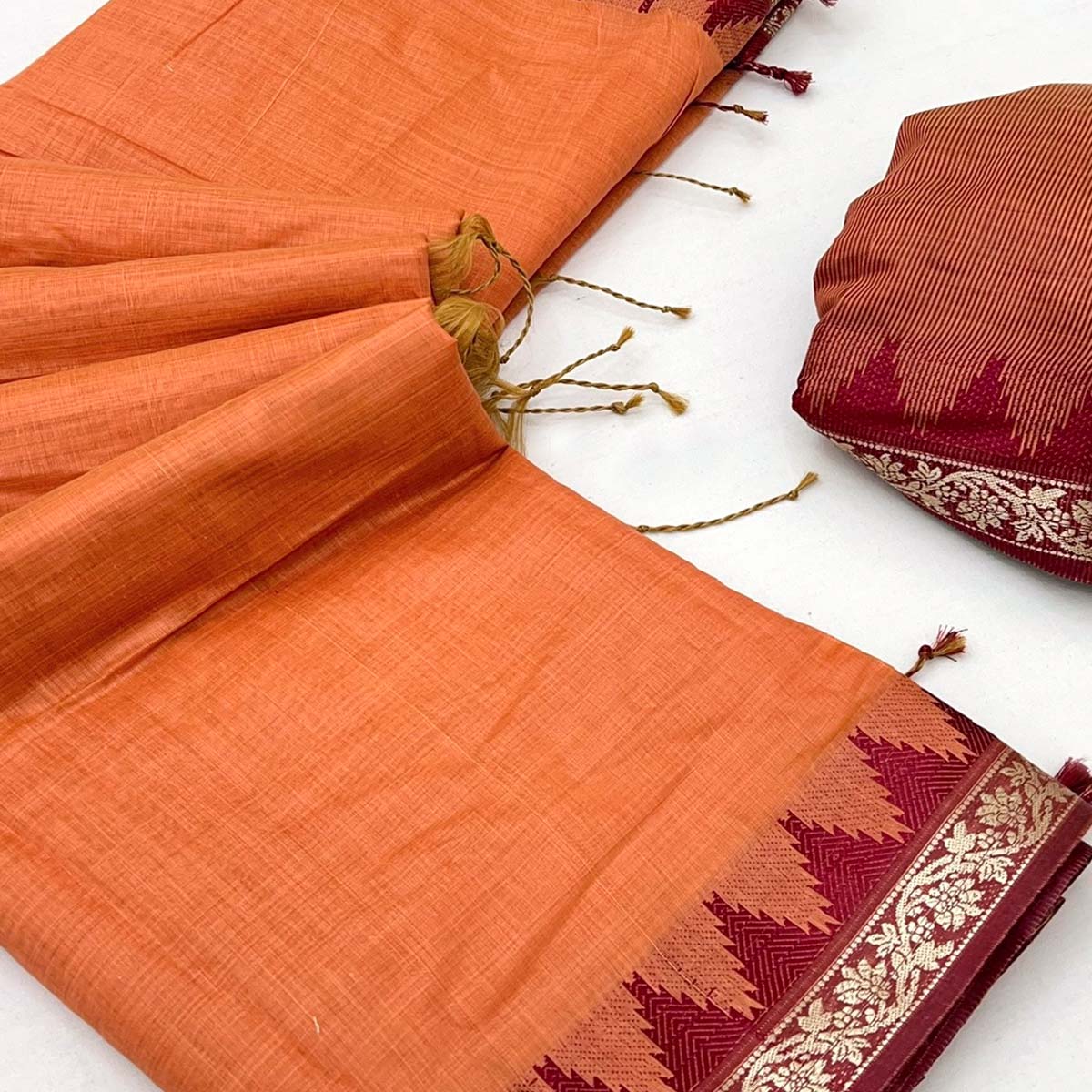 Orange Pure Silk Handloom Saree with Intricate Jacquard Weave