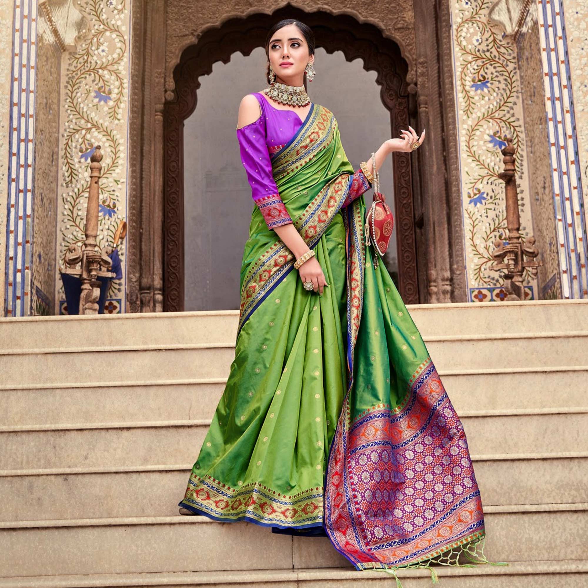 Green Woven Pure Silk Saree With With Tassels