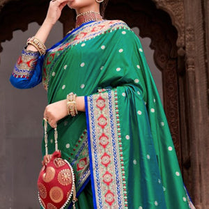 Rama Green Woven Pure Silk Saree With With Tassels