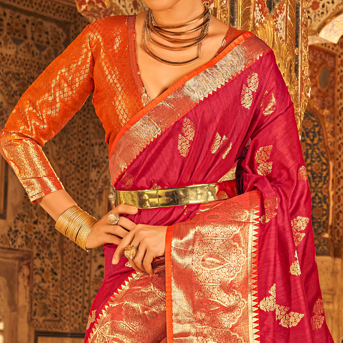 Pink Floral Woven Tussar Silk Saree