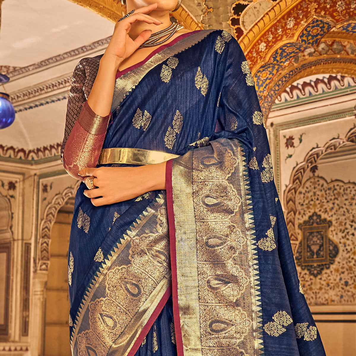 Blue Floral Woven Tussar Silk Saree