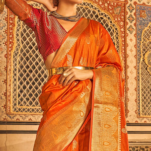 Orange Floral Woven Tussar Silk Saree