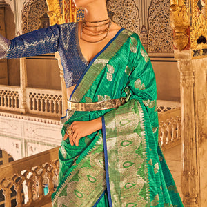 Green Floral Woven Tussar Silk Saree