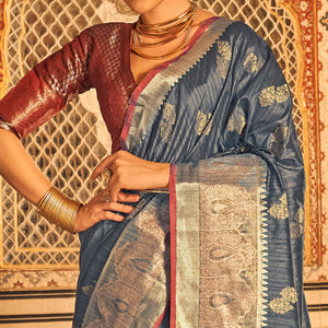 Grey Floral Woven Tussar Silk Saree