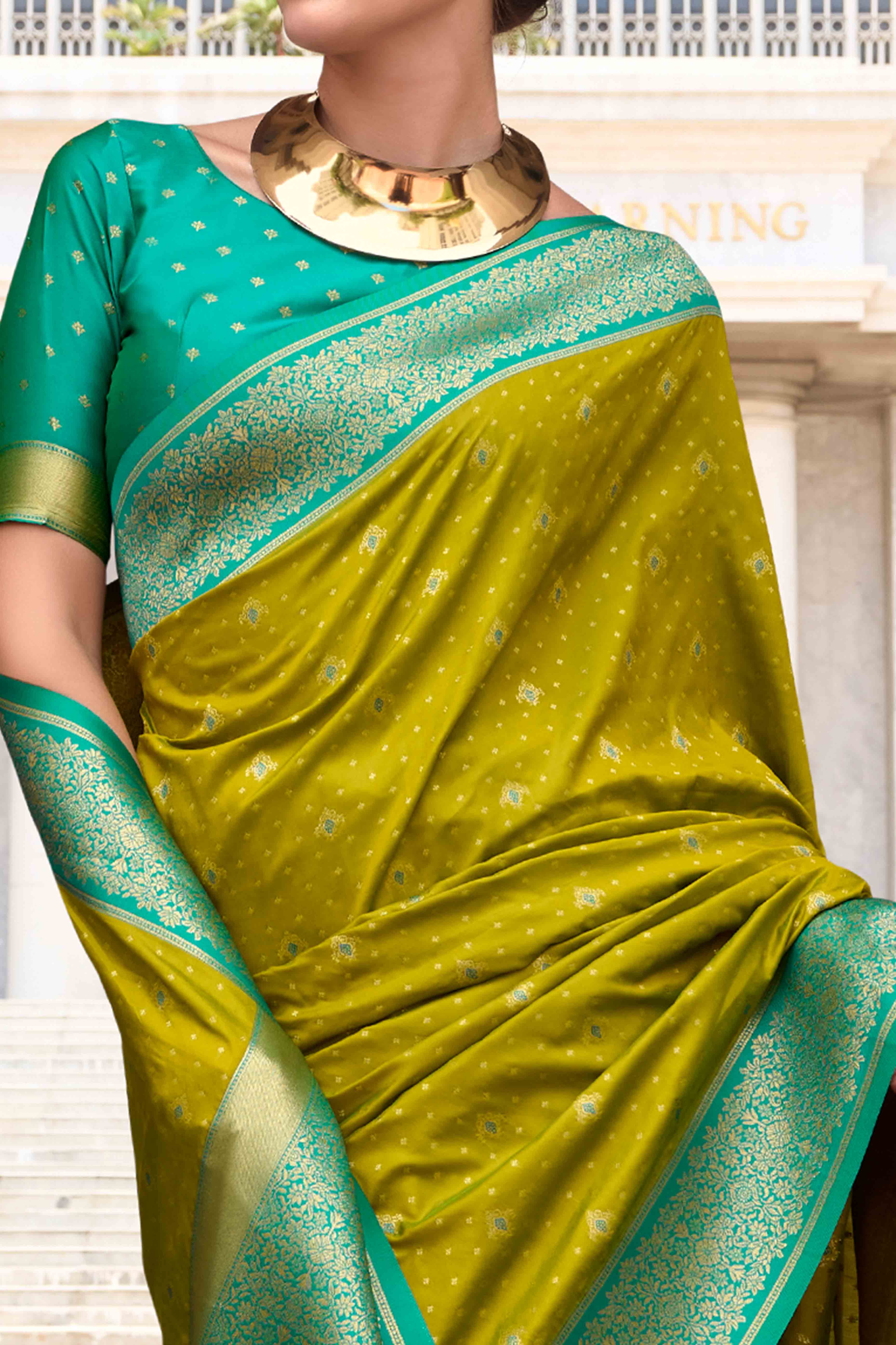 Olive Floral Woven Pure Silk Saree