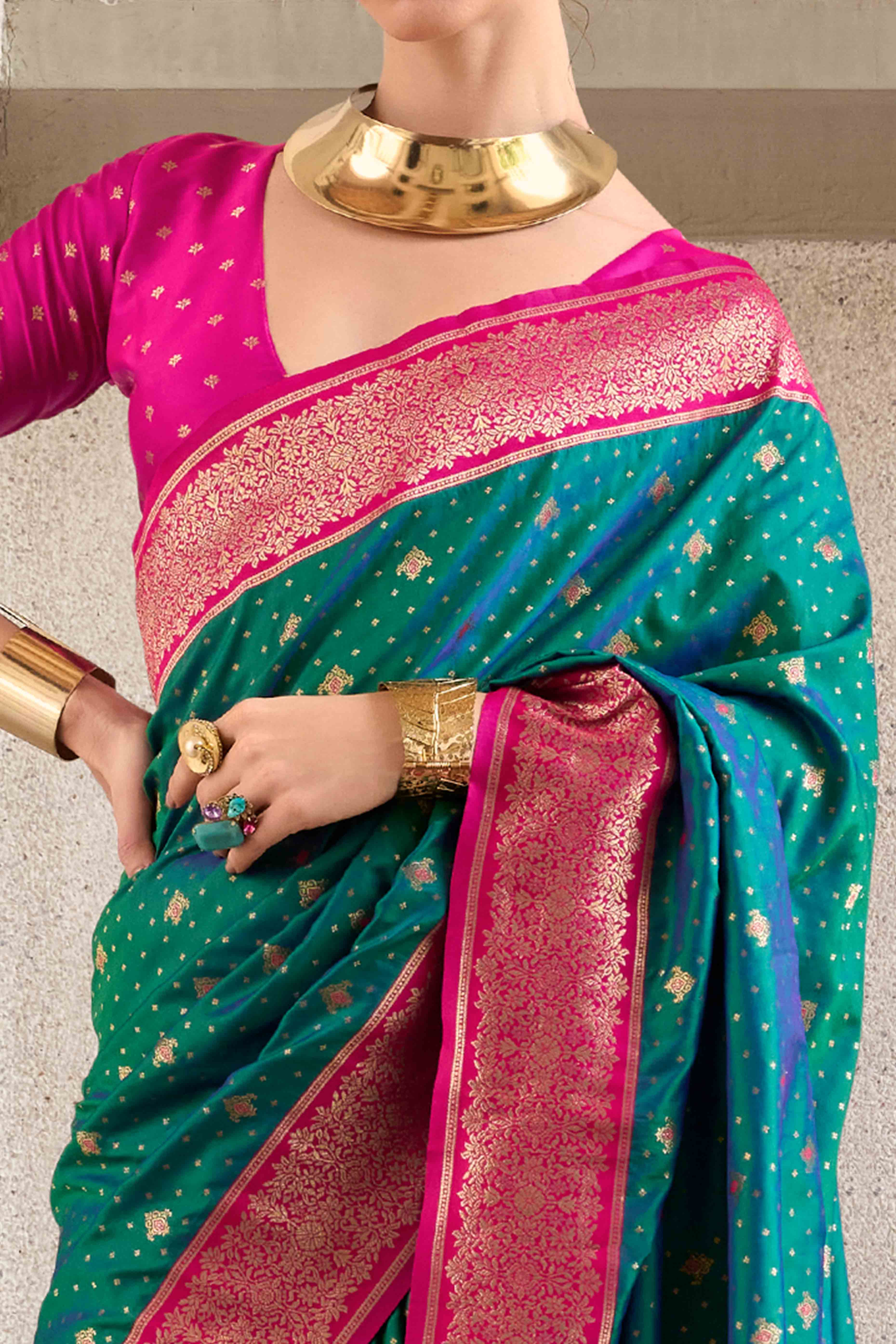 Rama Green Floral Woven Pure Silk Saree