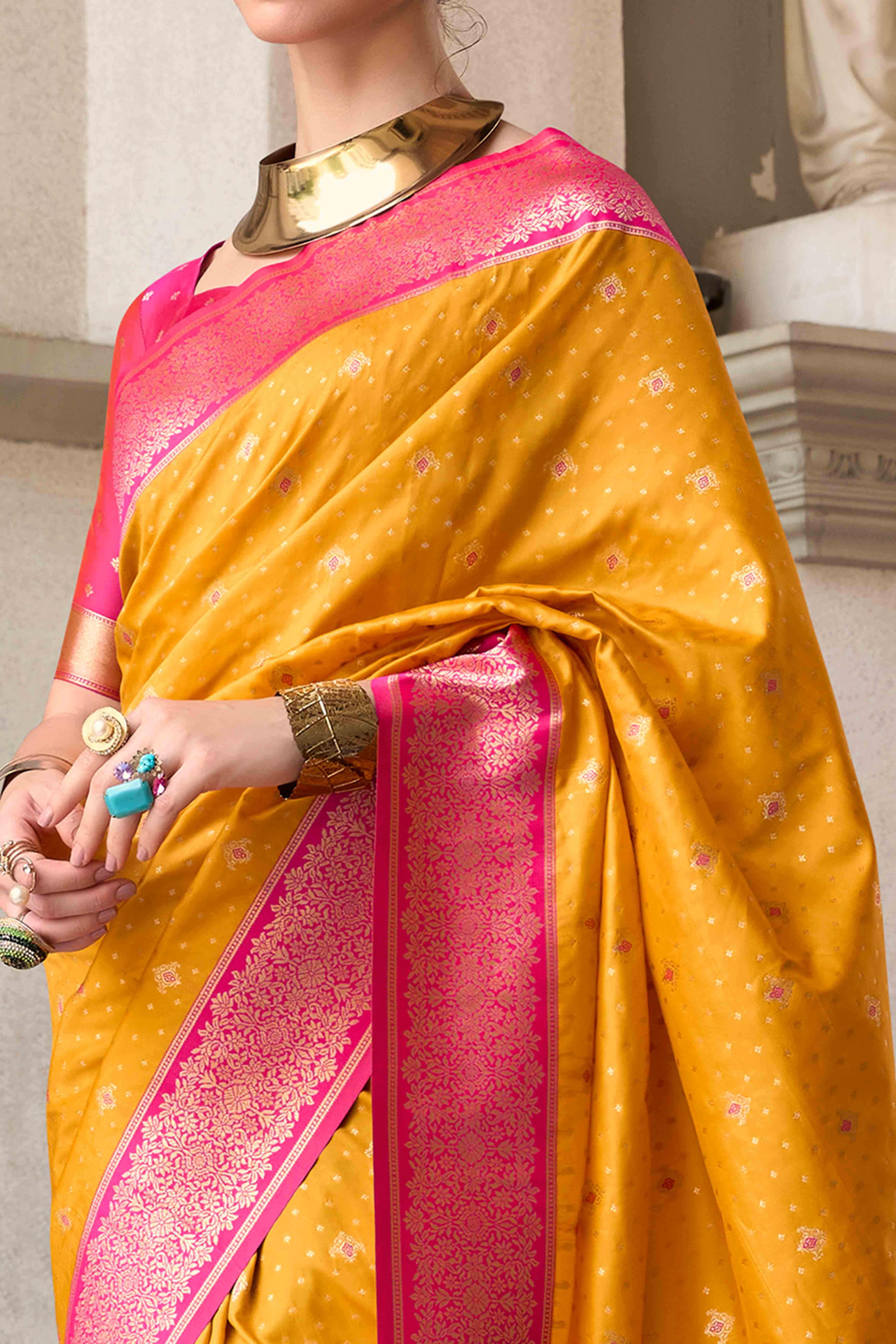 Mustard Floral Woven Pure Silk Saree