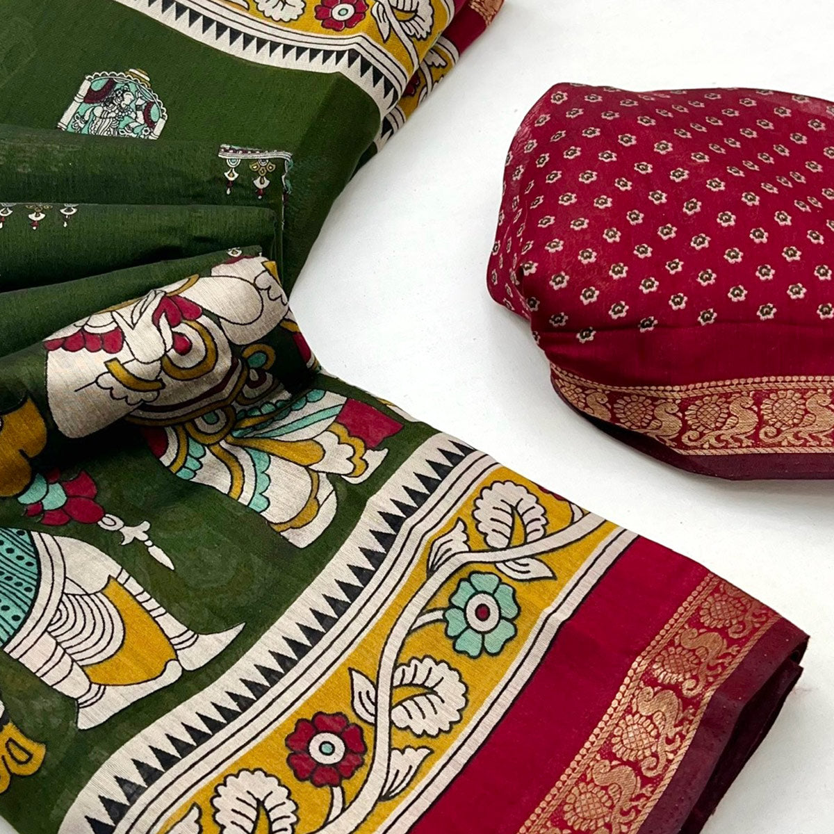 Mangalagiri Cotton Silk Saree in Green with Artistic Pattachitra Prints