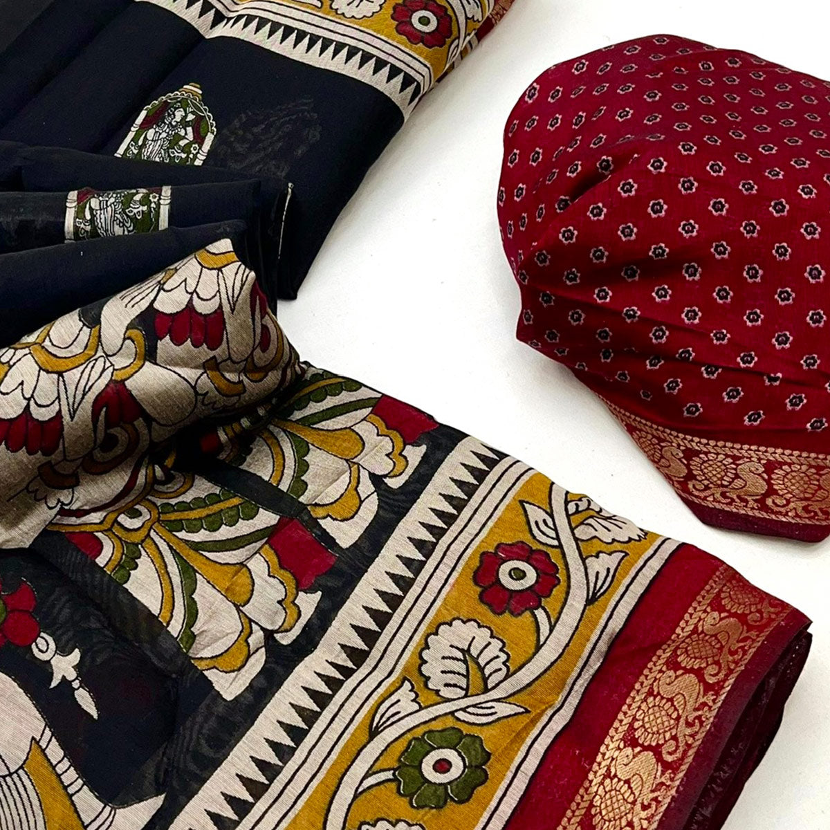 Mangalagiri Cotton Silk Saree in Black with Artistic Pattachitra Prints
