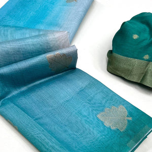 Teal Blue Silk Blend Saree With Intricate Zari Leaf Motifs