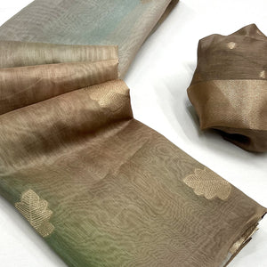 Chikoo Silk Blend Saree With Intricate Zari Leaf Motifs